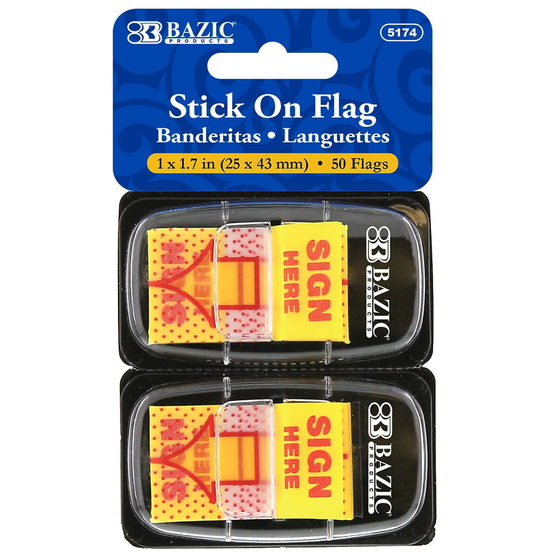 Bazic Sign Here Flags with Dispenser, 1" Wide, Yellow, 50/Pack, 12 Packs (BAZ5174-12)