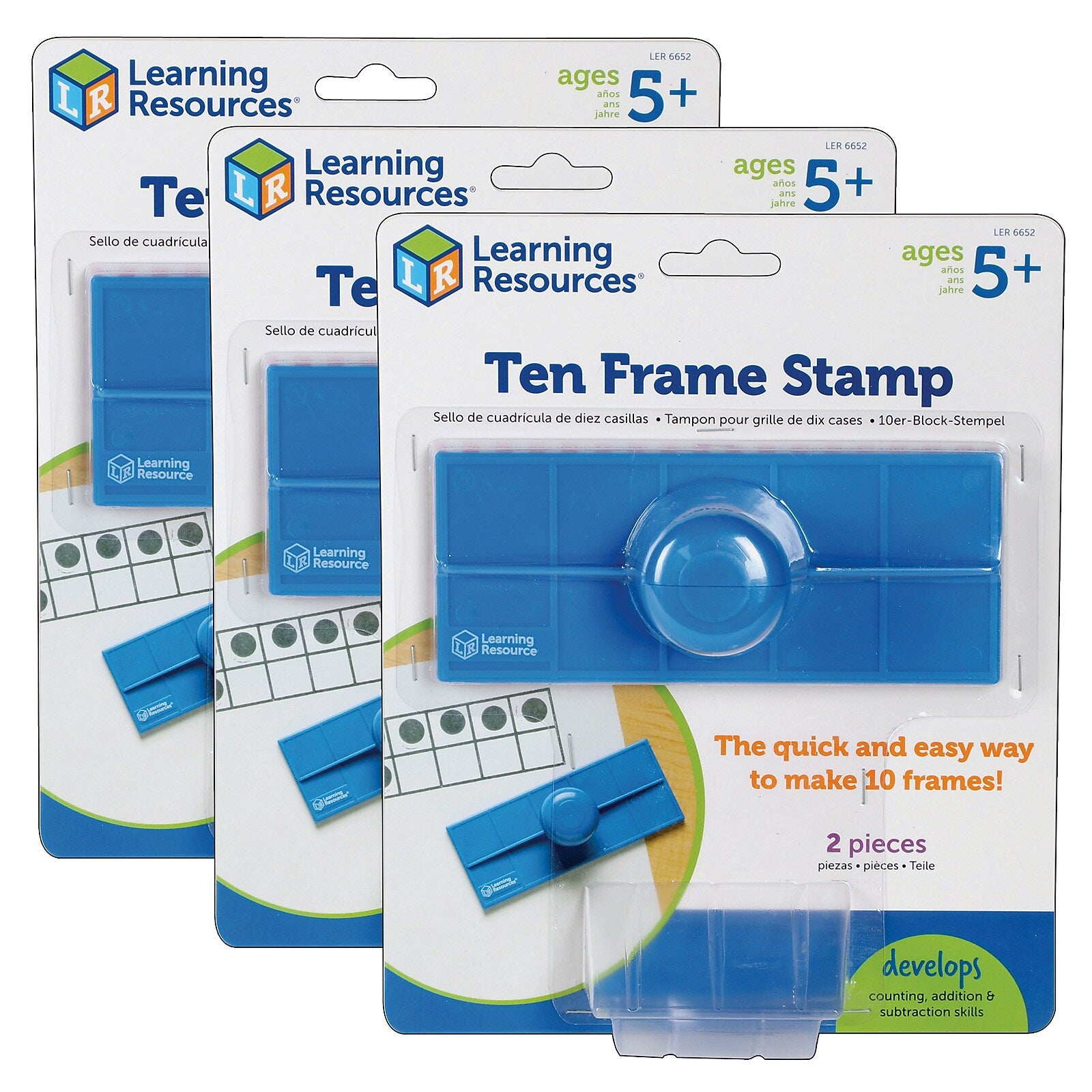 Learning Resources Washable Ten Frame Stamp, Blue, 3/Bundle (LER6652-3)