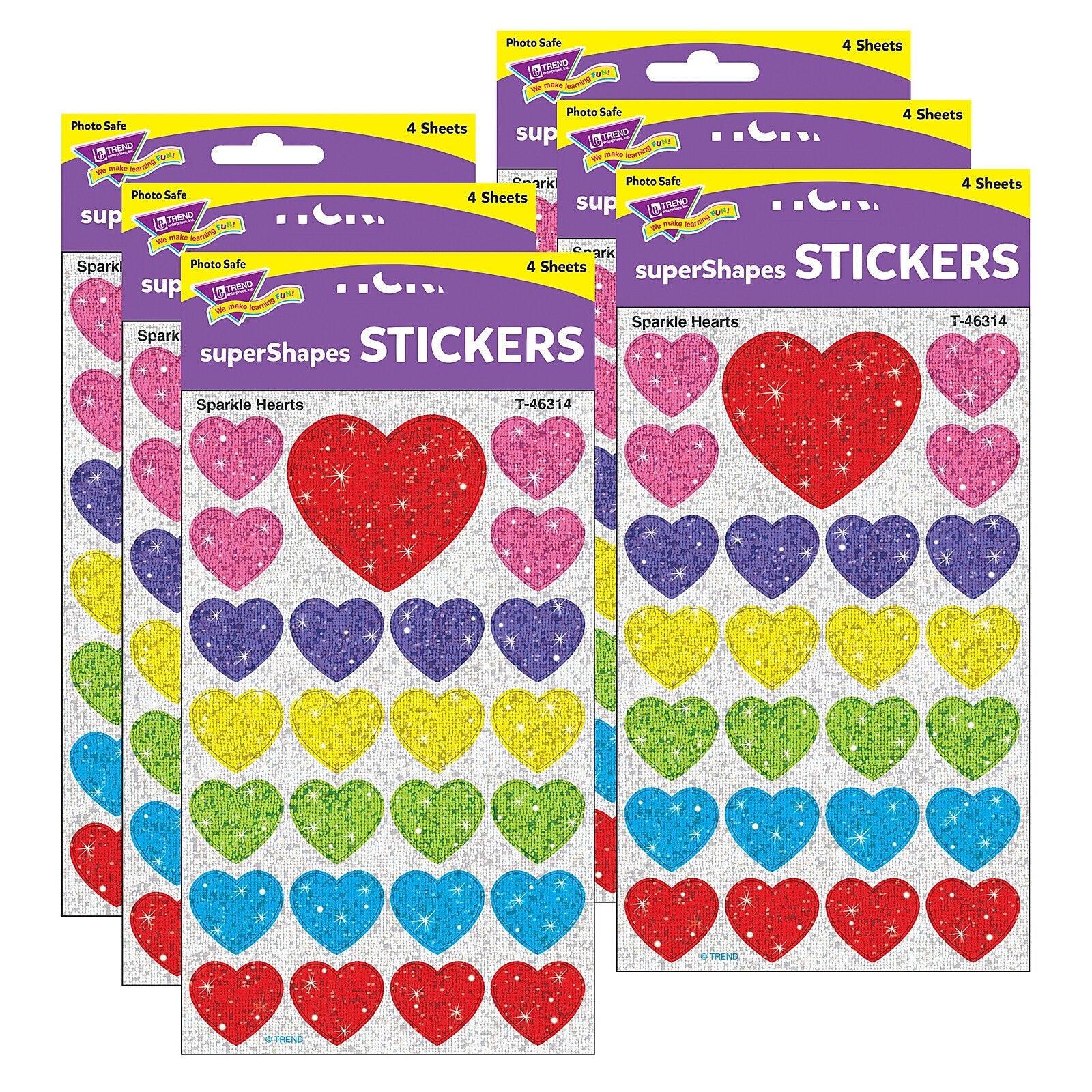 TREND Sparkle Hearts superShapes Stickers-Sparkle, 100 Per Pack, 6 Packs (T-46314-6)