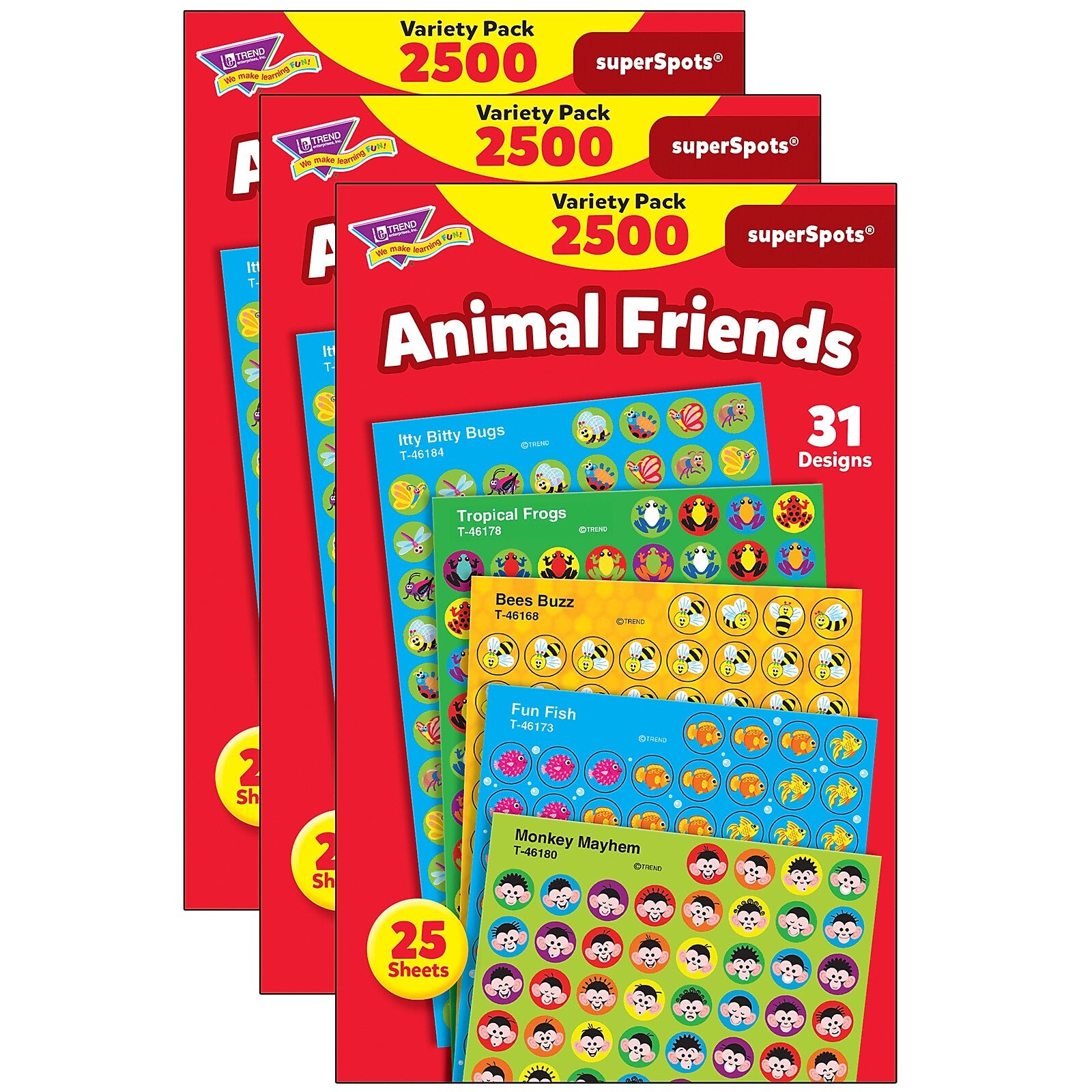 TREND Animal Friends superSpots Stickers Variety Pack, 2500 Per Pack, 3 Packs (T-46915-3)