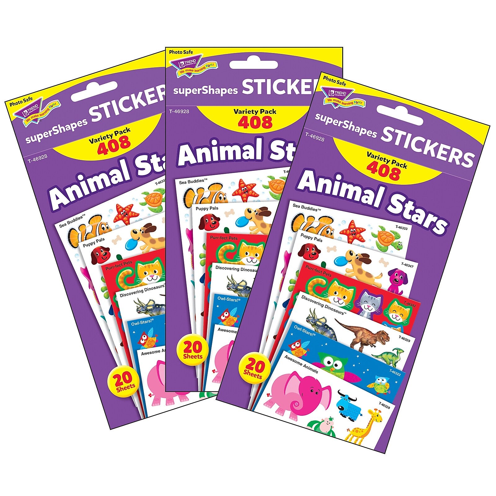 TREND Animal Stars superShapes Stickers-Large Variety Pack, 408 Per Pack, 3 Packs (T-46928-3)