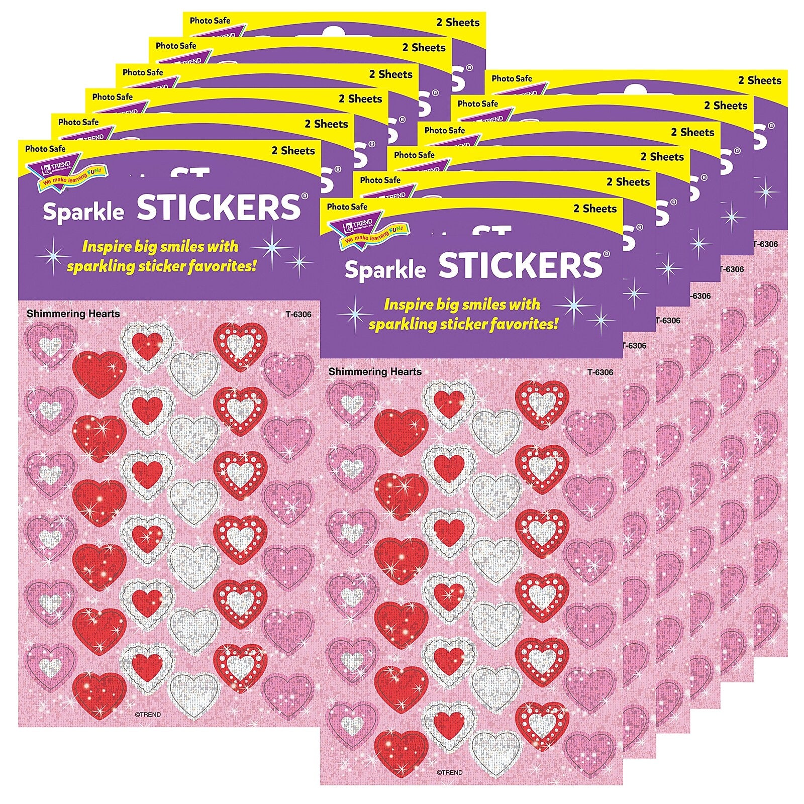 TREND Shimmering Hearts Sparkle Stickers®, 72 Per Pack, 12 Packs (T-6306-12)