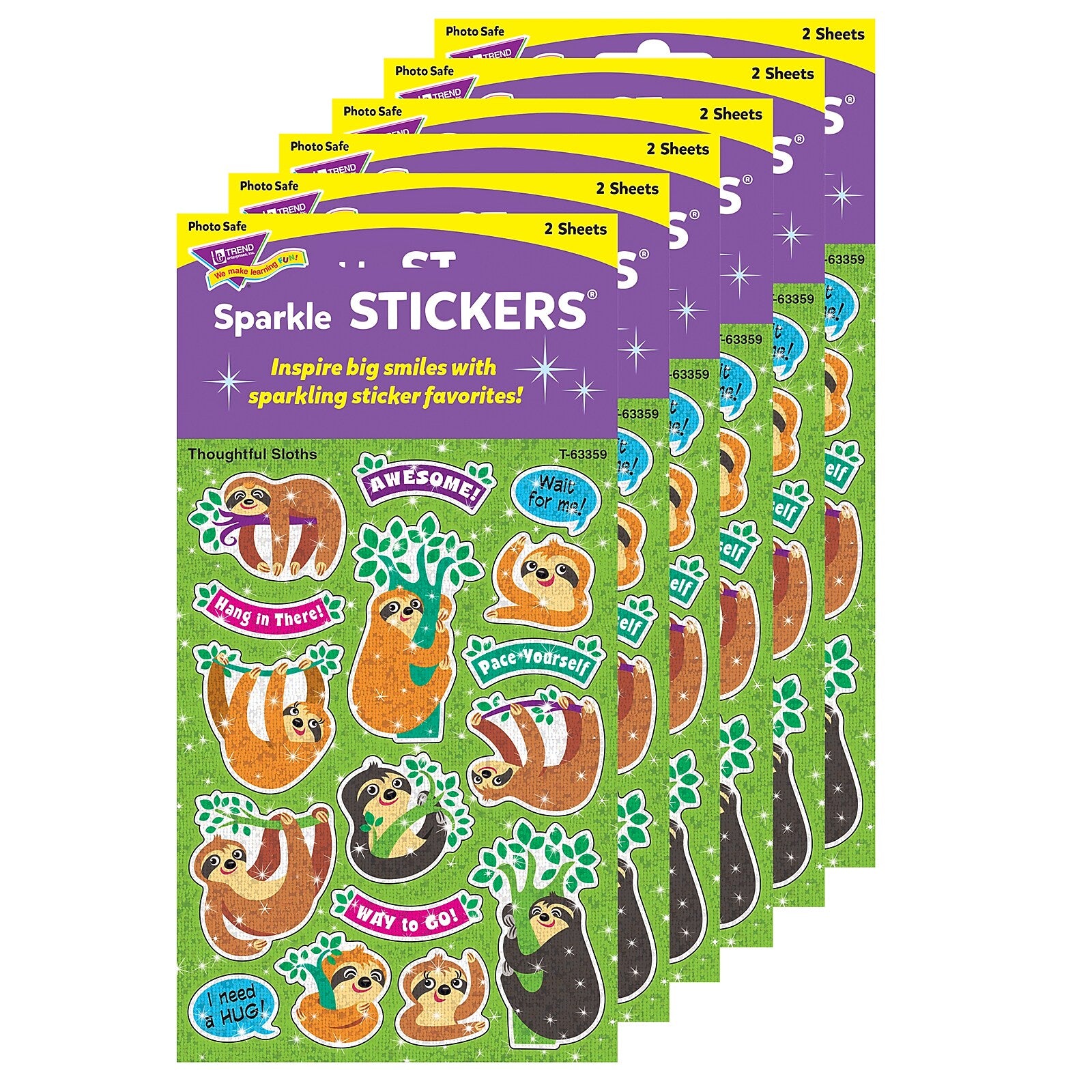 TREND Thoughtful Sloths Sparkle Stickers®, 32/Pack, 6 Packs (T-63359-6)