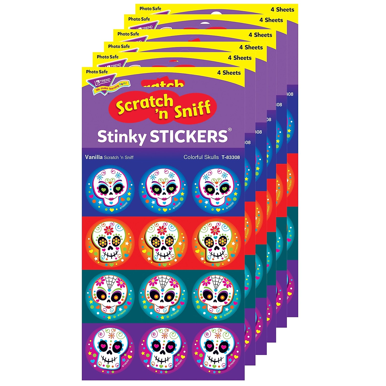 TREND Vanilla Stinky Stickers® Colorful Skulls, 48/Pack, 6 Packs (T-83308-6)