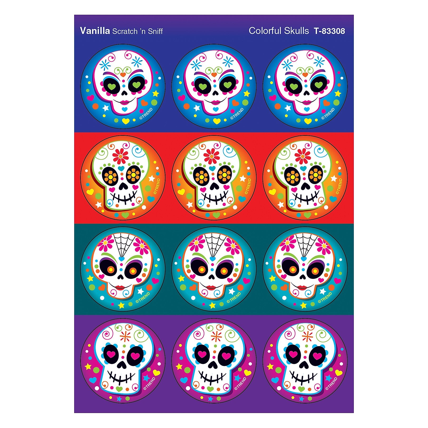 TREND Vanilla Stinky Stickers® Colorful Skulls, 48/Pack, 6 Packs (T-83308-6)