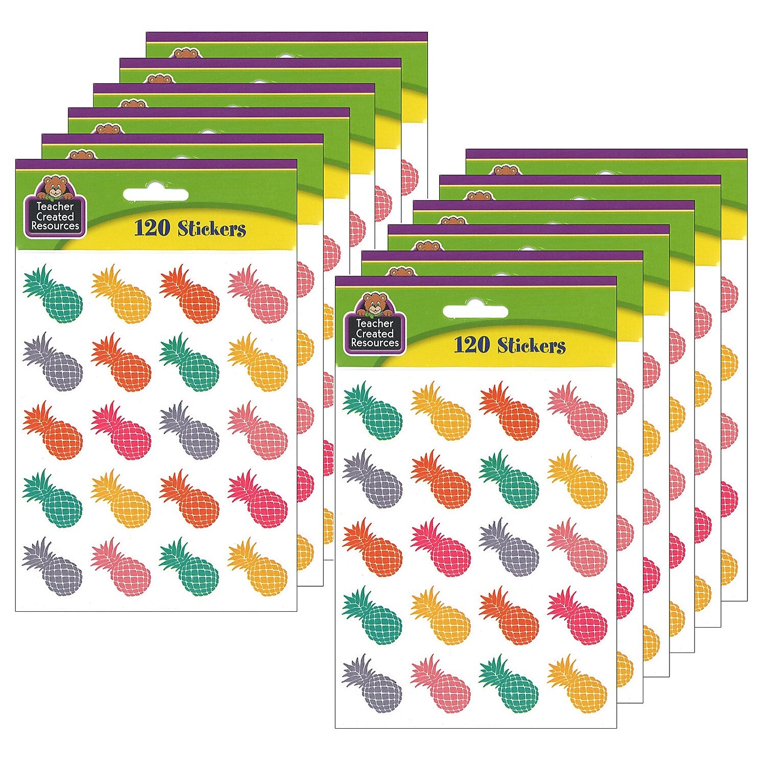 Teacher Created Resources Tropical Punch Pineapples Stickers, Assorted Colors, 120/Pack, 12 Packs/Bundle (TCR2158-12)