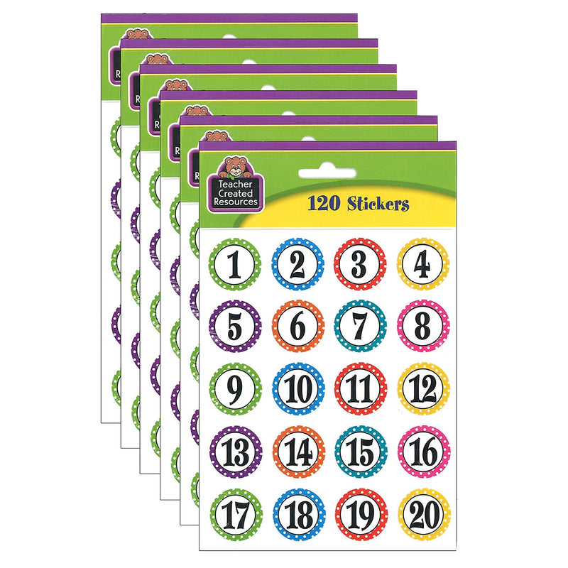 Teacher Created Resources Polka Dots Numbers Stickers, Pola Dots, 120/Pack, 6 Packs/Bundle (TCR3567-6)