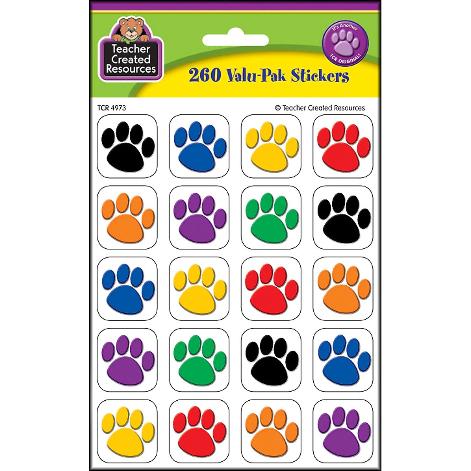 Teacher Created Resources Colorful Paw Print Stickers Valu-Pak, 260 Pieces Per Pack, 6 Packs (TCR4973-6)