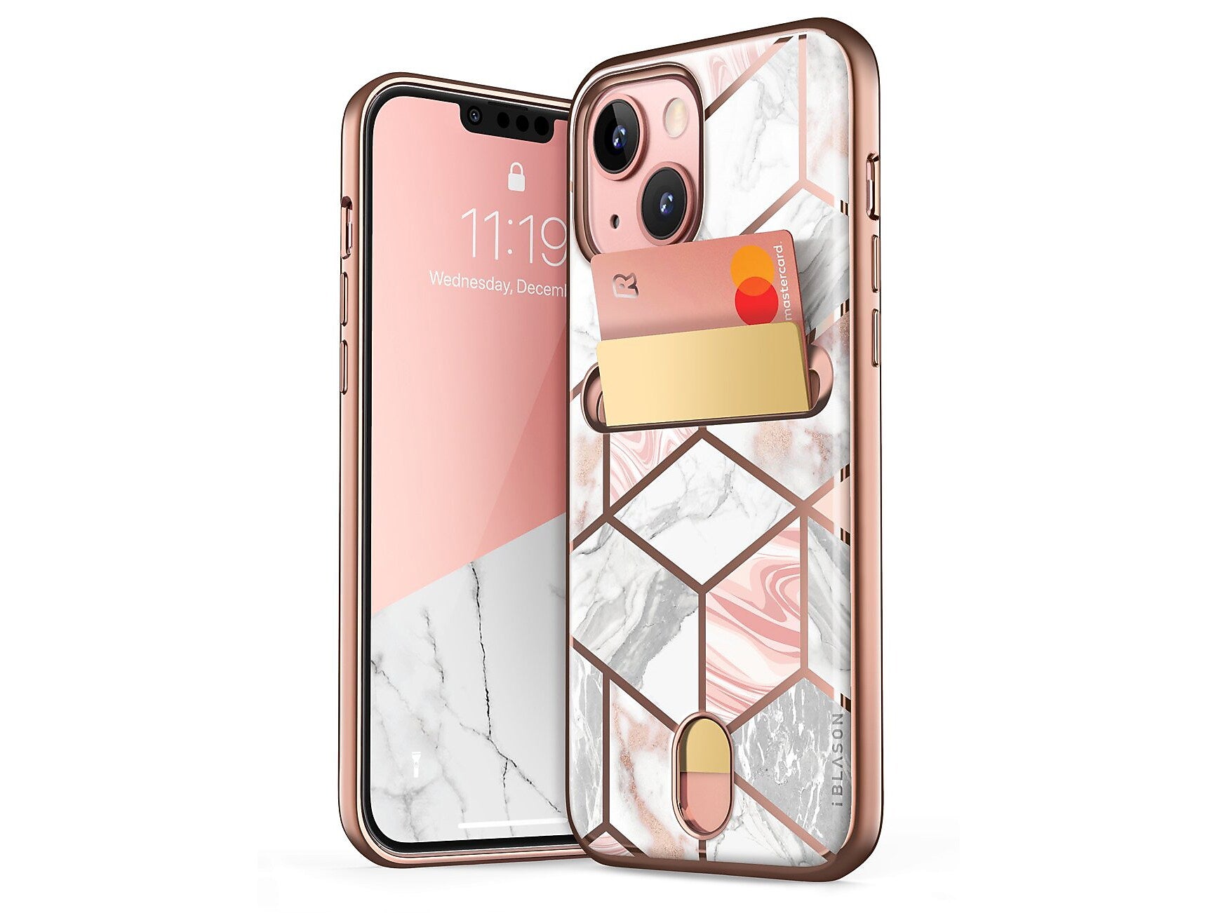 i-Blason Marble Pink Wallet Case for iPhone 13 (iPhone2021-6.1-CosCard-Marble)