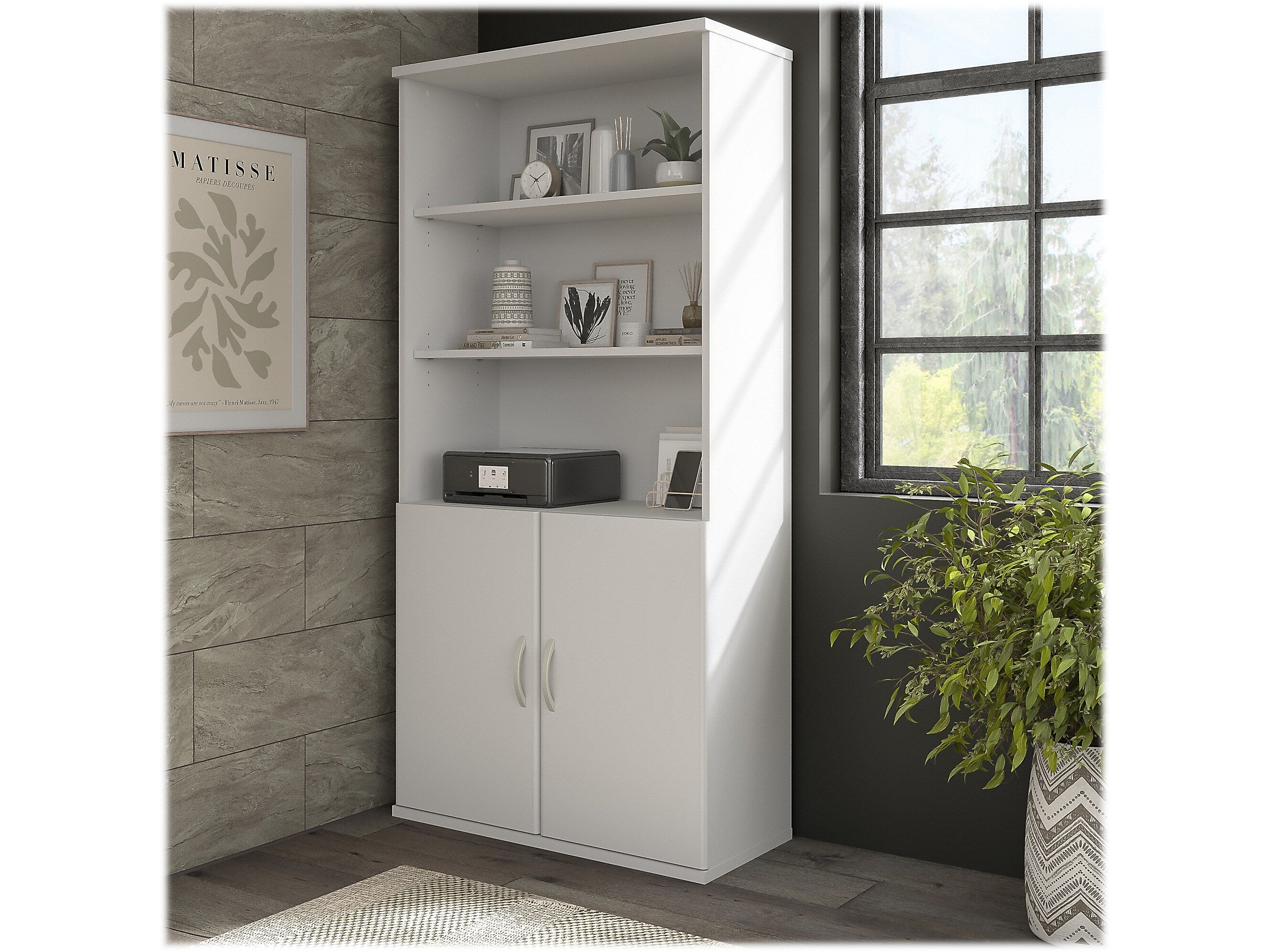 Bush Business Furniture Hybrid 73"H 5-Shelf Bookcase with Doors, White Laminated Wood (HYB024WH)