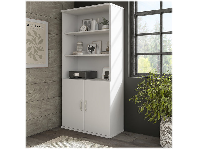 Bush Business Furniture Hybrid 73"H 5-Shelf Bookcase with Doors, White Laminated Wood (HYB024WH)