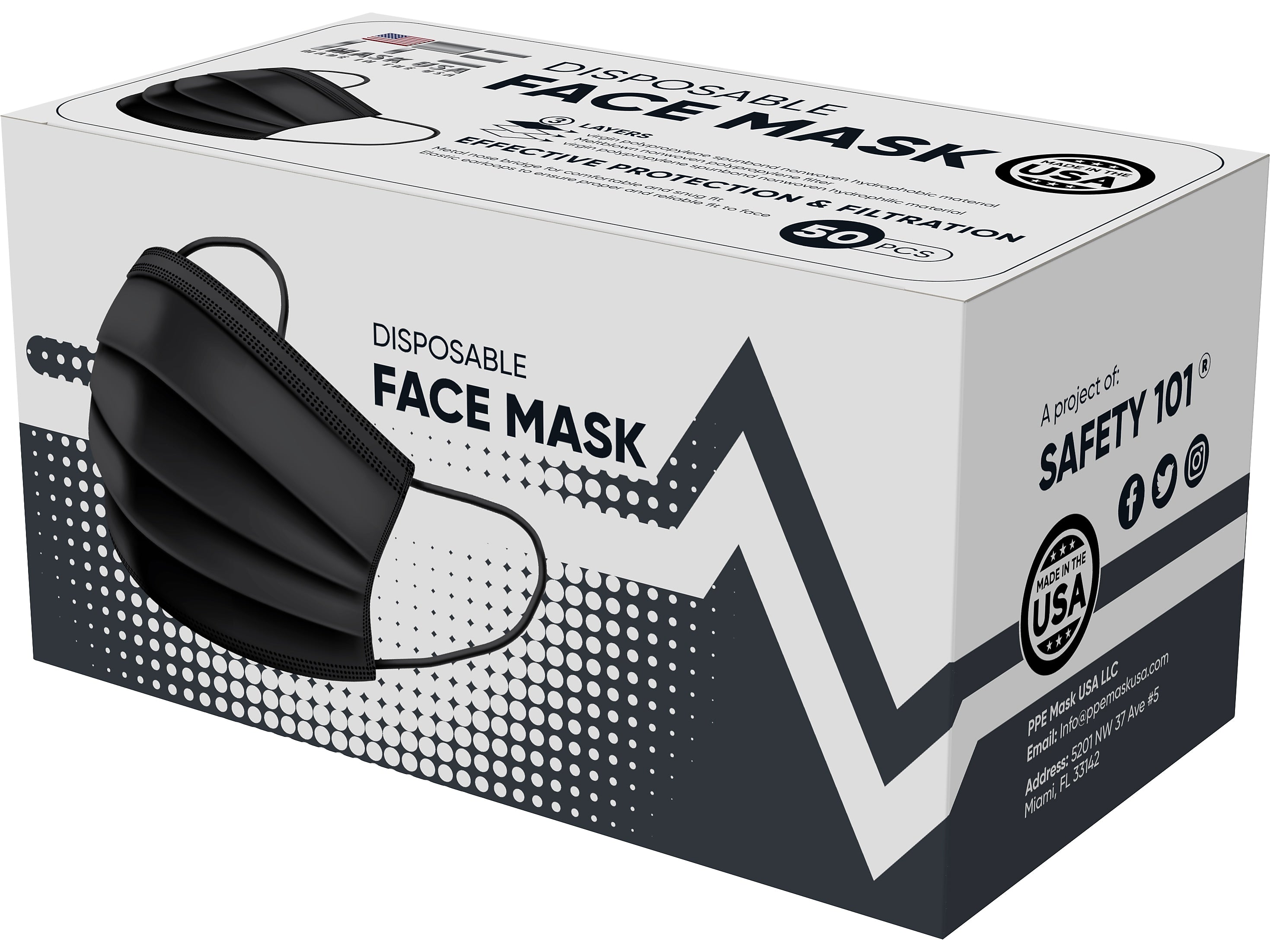 PPE Mask USA 3-ply Disposable Surgical Face Mask, Adult, Black, 50/Box (SMN200057)