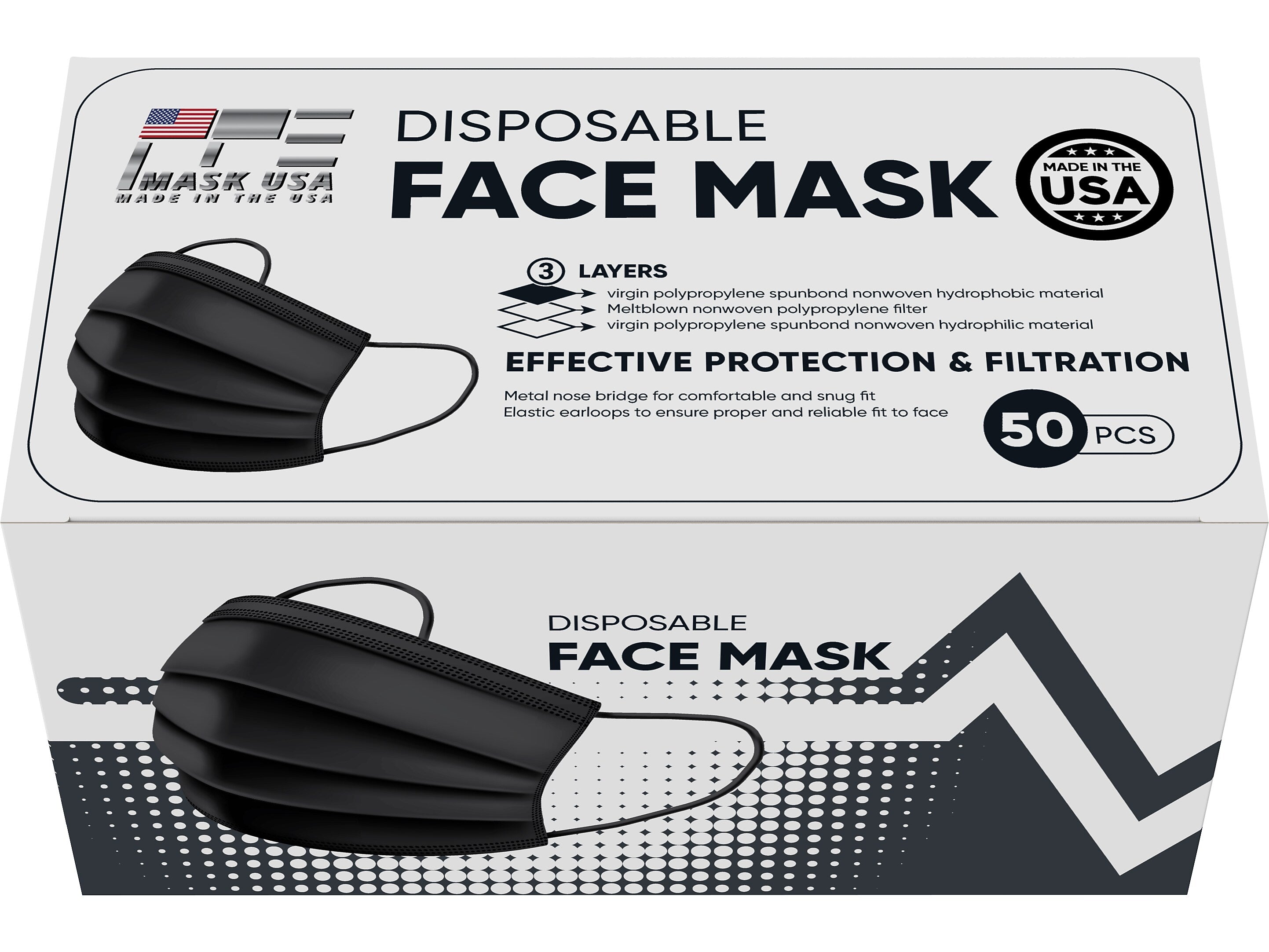 PPE Mask USA 3-ply Disposable Surgical Face Mask, Adult, Black, 50/Box (SMN200057)