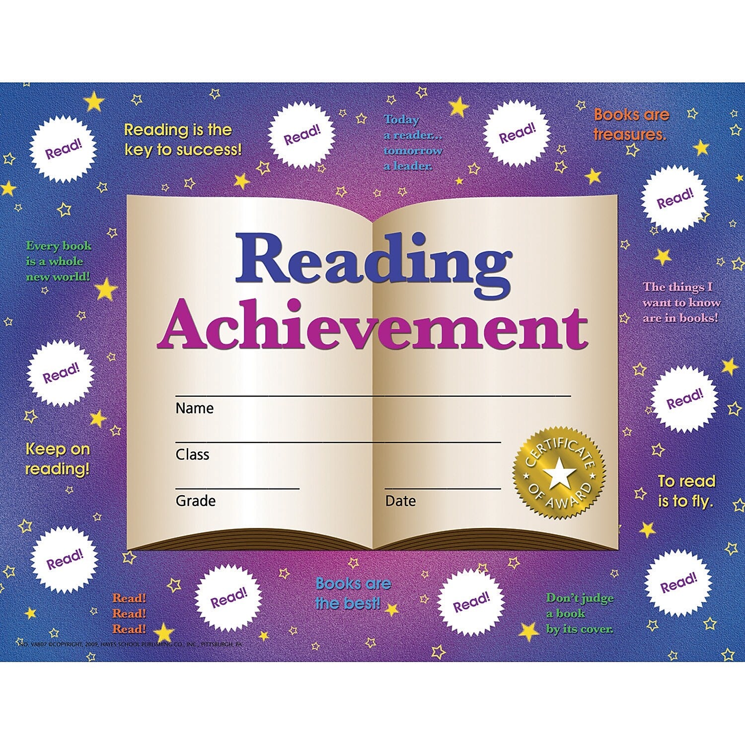 Hayes Publishing Reading Achievement Certificates and Reward Seals, 8.5" x 11", 30 Certificates Per Pack, 3 Packs (H-VA807-3)