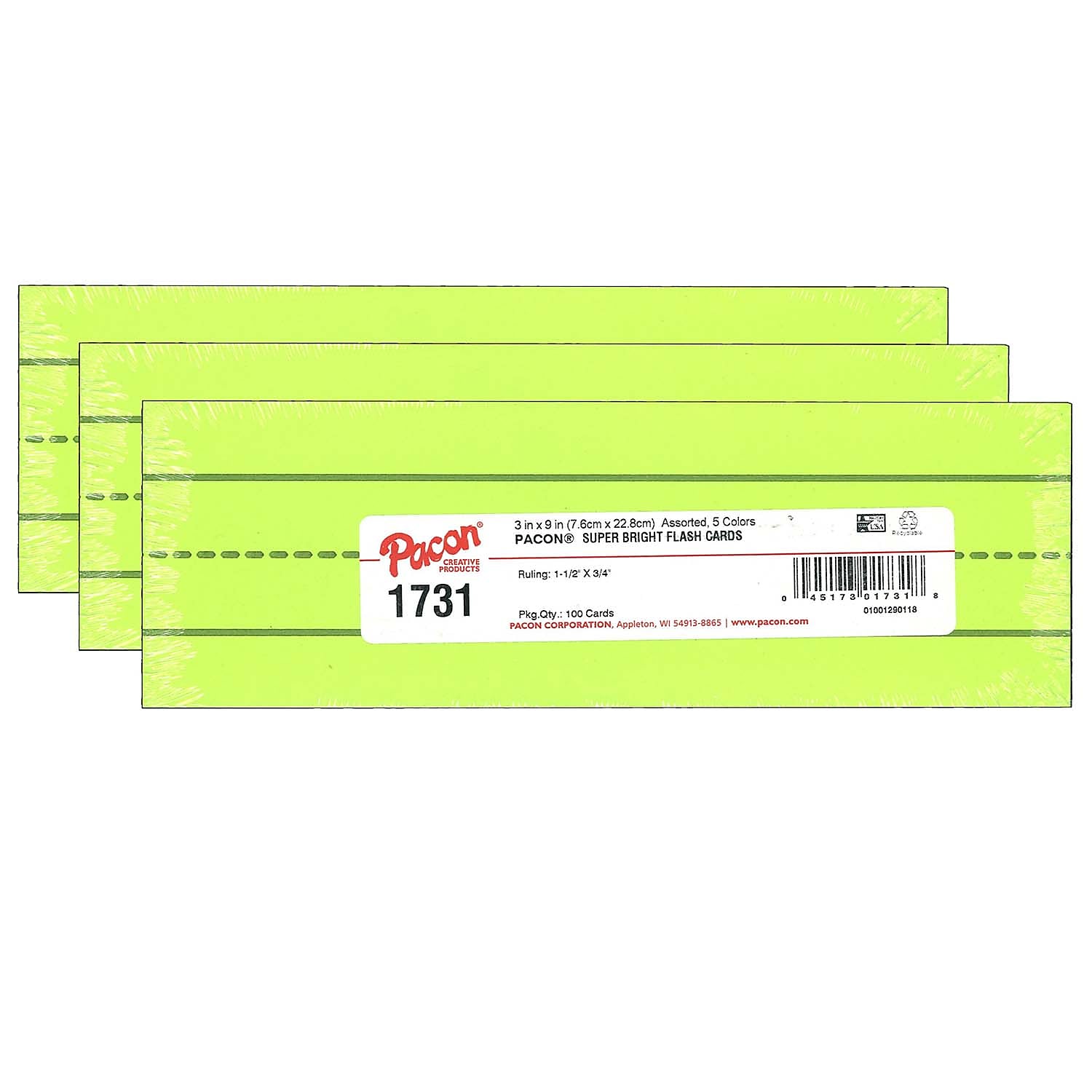Pacon Super Bright Flash Cards, Assorted Colors, 3" x 9", 100 Cards/Pack, 3 Packs (PAC1731-3)