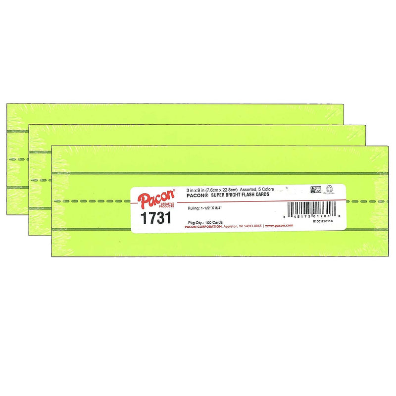Pacon Super Bright Flash Cards, Assorted Colors, 3" x 9", 100 Cards/Pack, 3 Packs (PAC1731-3)