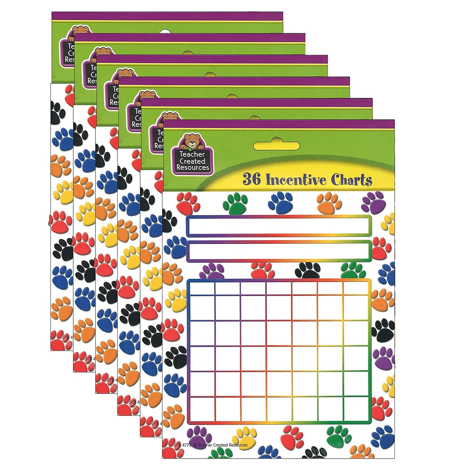 Teacher Created Resources Colorful Paw Prints Incentive Charts, 5.25" x 6", 36 Sheets Per Pack, 6 Packs (TCR4773-6)