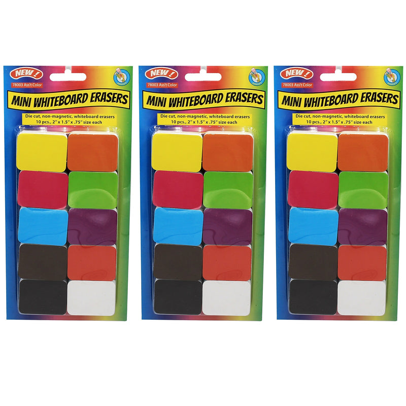 Ashley Productions® Dry Erase Non-Magnetic Mini Whiteboard Erasers, Assorted Colors, 10 Per Pack, 3 Packs (ASH78003-3)