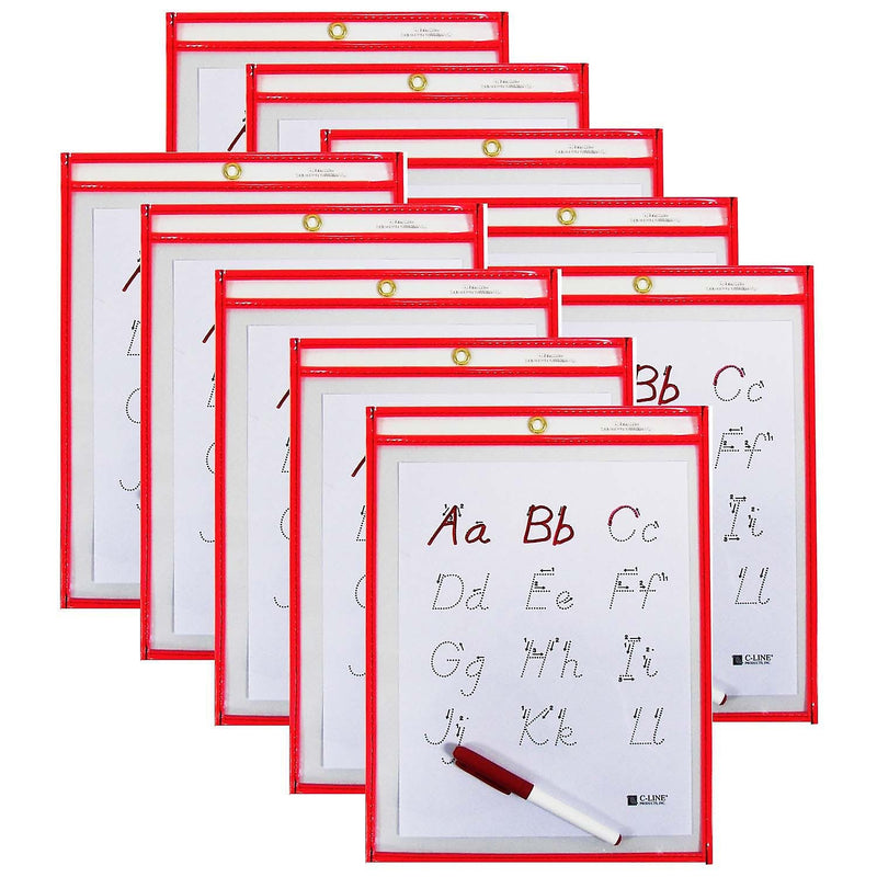 C-Line Reusable Dry Erase Pocket  Study Aid, Neon Red, 9" x 12", Pack of 10 (CLI40814-10)