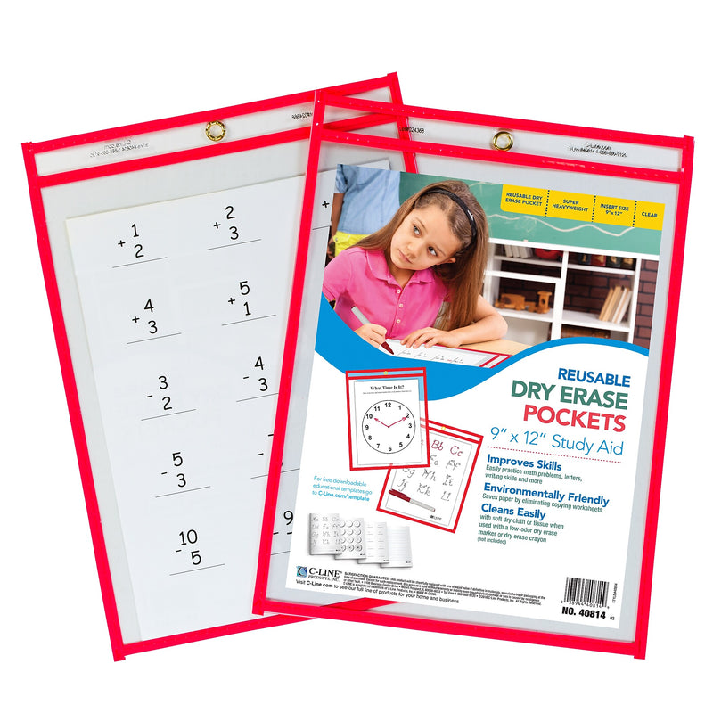 C-Line Reusable Dry Erase Pocket  Study Aid, Neon Red, 9" x 12", Pack of 10 (CLI40814-10)