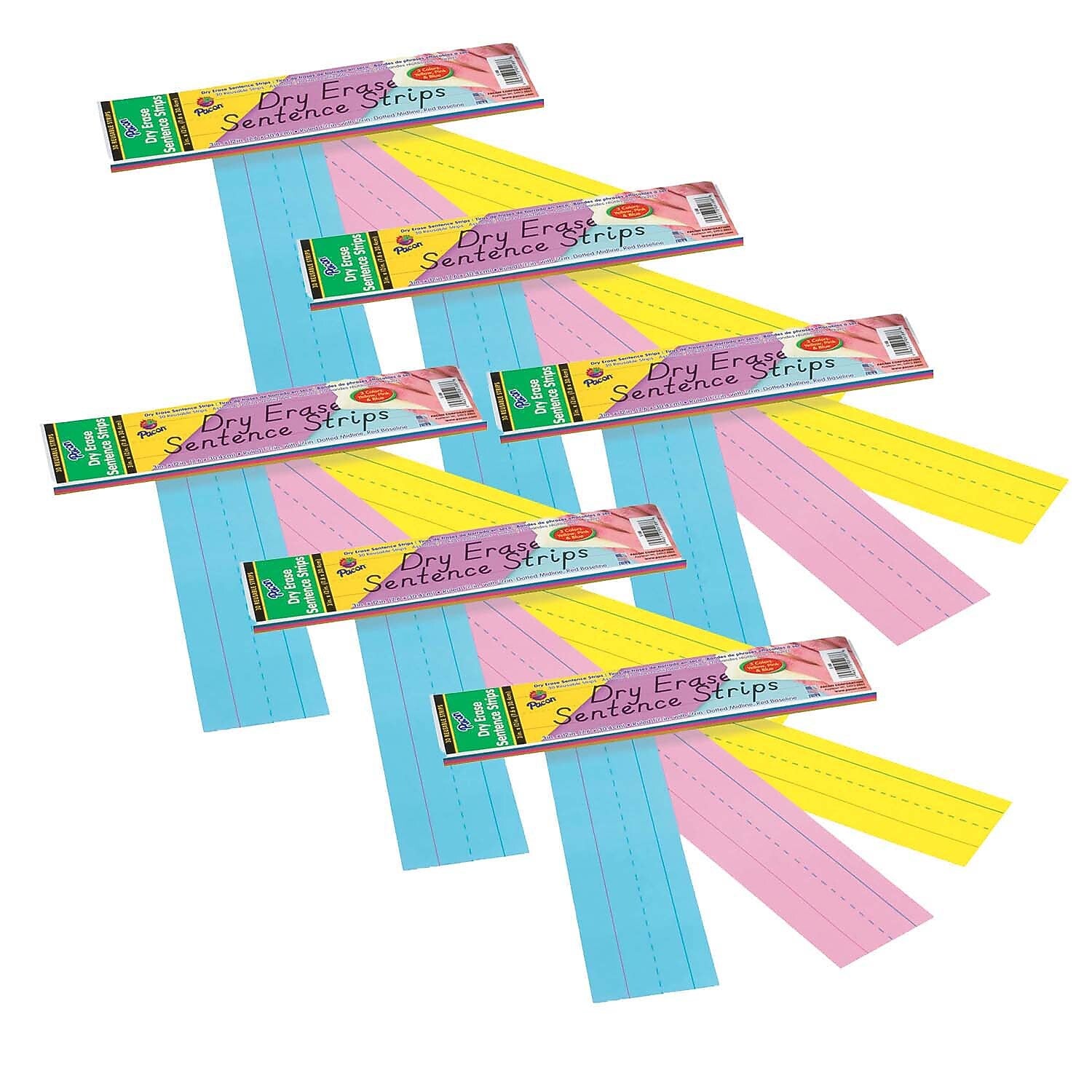 Pacon Dry Erase Sentence Strips, 3" x 12", Assorted Colors, 30 Per Pack, 6 Packs (PAC5188-6)