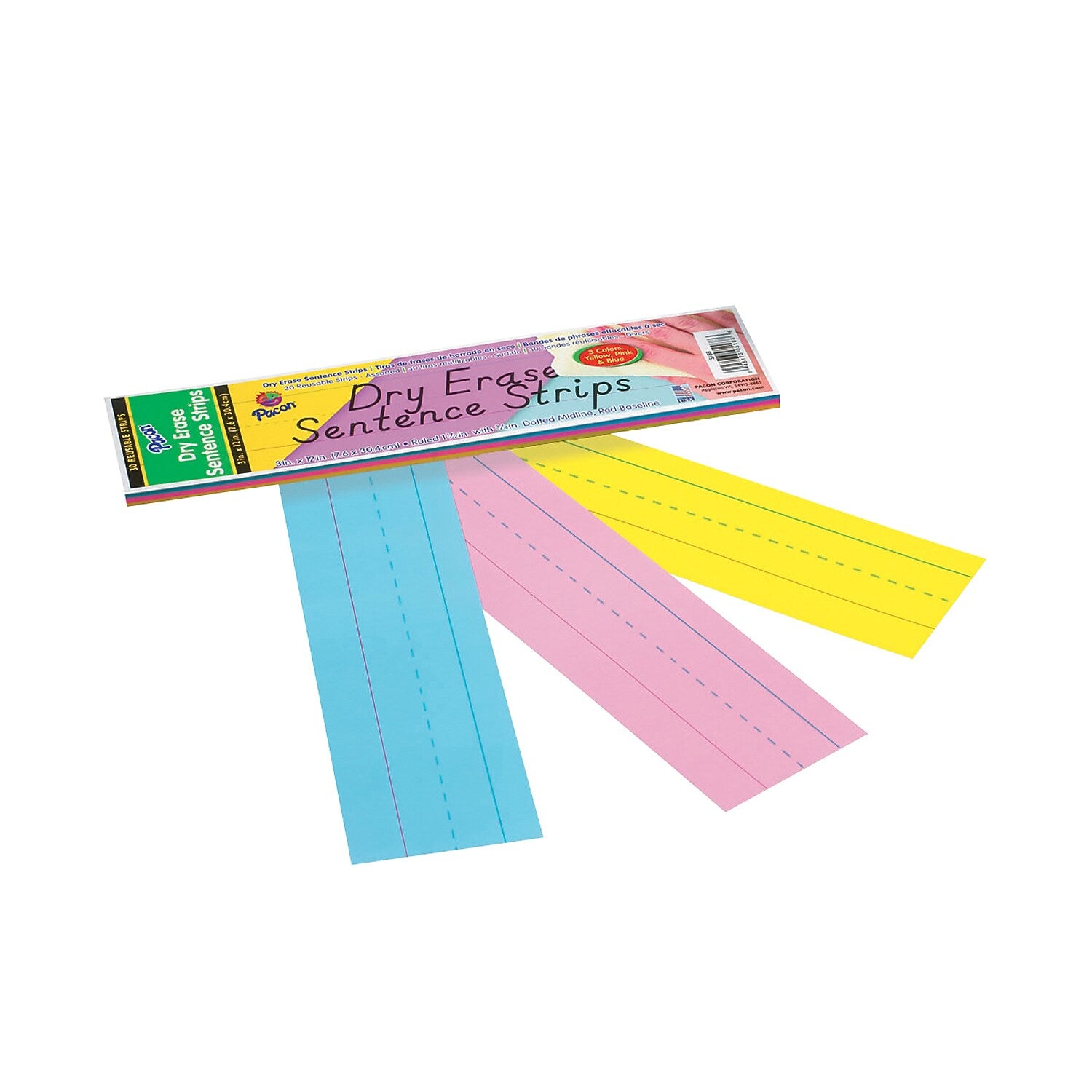 Pacon Dry Erase Sentence Strips, 3" x 12", Assorted Colors, 30 Per Pack, 6 Packs (PAC5188-6)
