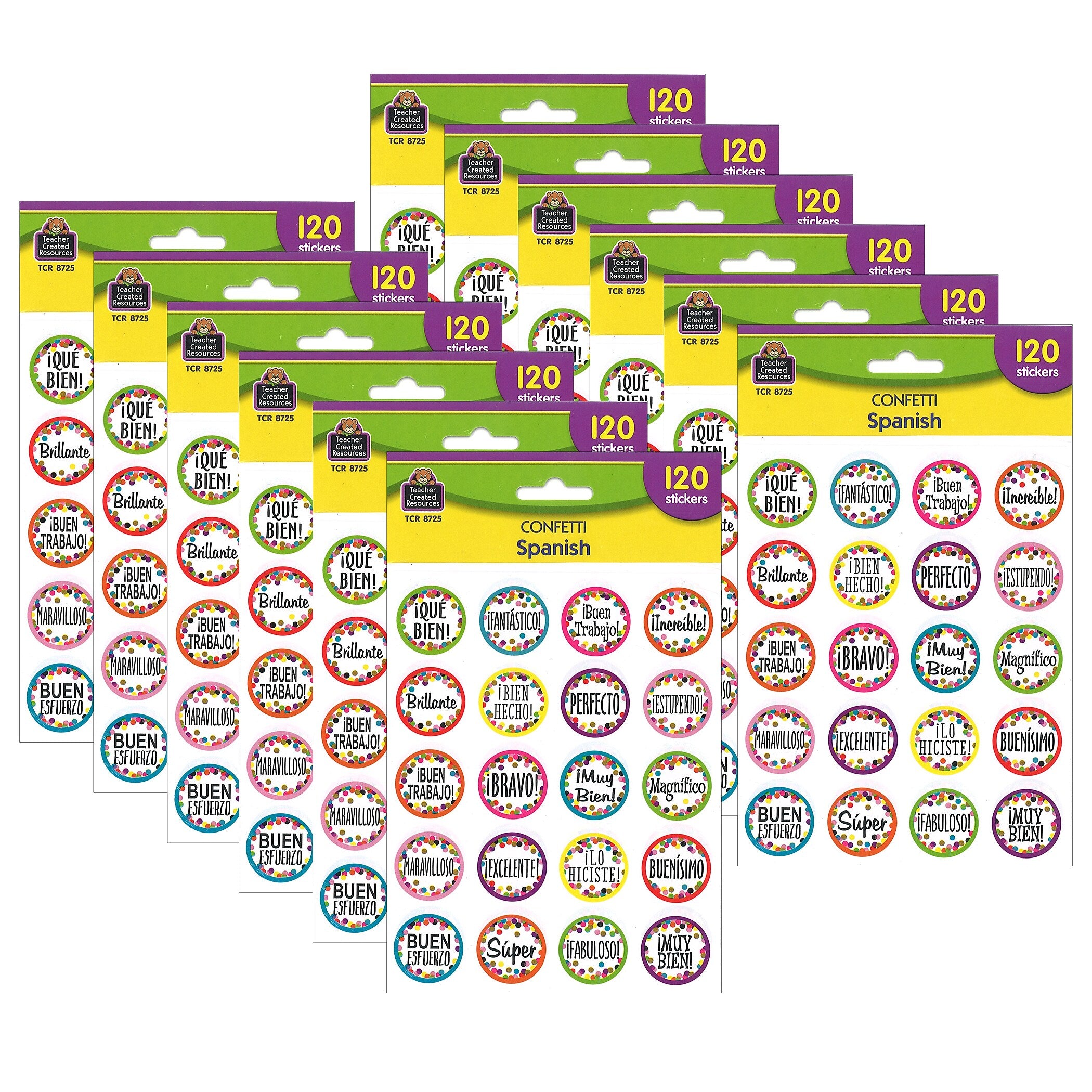 Teacher Created Resources Confetti Spanish Stickers, 1", Multicolored, 120 Per Pack, 12 Packs (TCR8725-12)