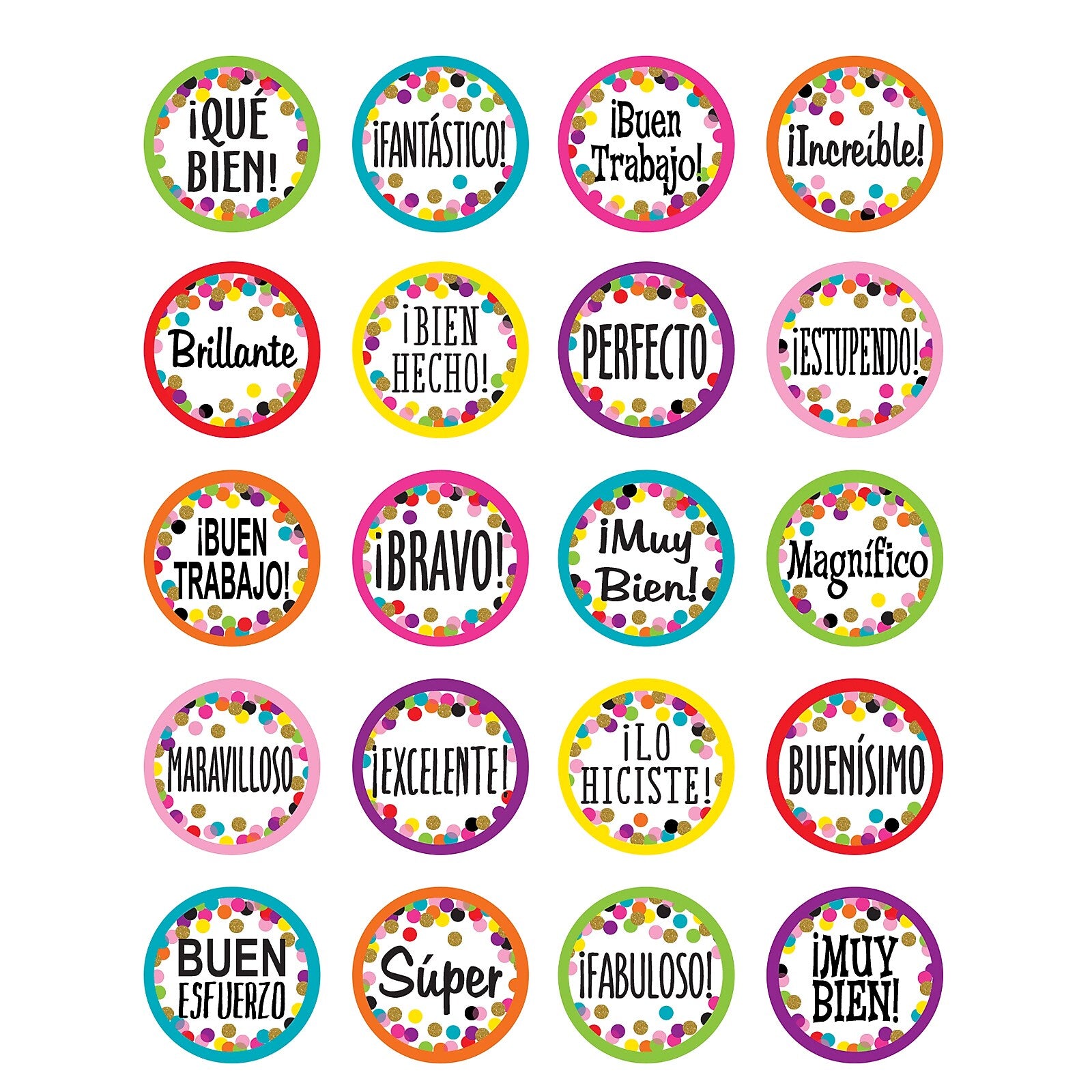Teacher Created Resources Confetti Spanish Stickers, 1", Multicolored, 120 Per Pack, 12 Packs (TCR8725-12)