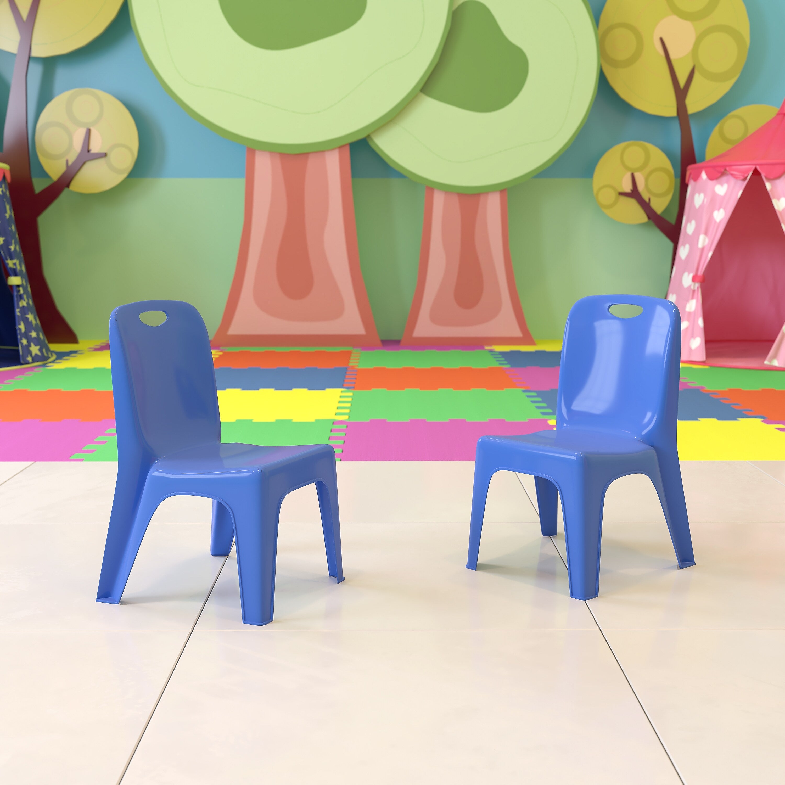 Flash Furniture Plastic School Chair with Carrying Handle and 11'' Seat Height, Blue, 2-Pieces (2YUYCX011BLUE)
