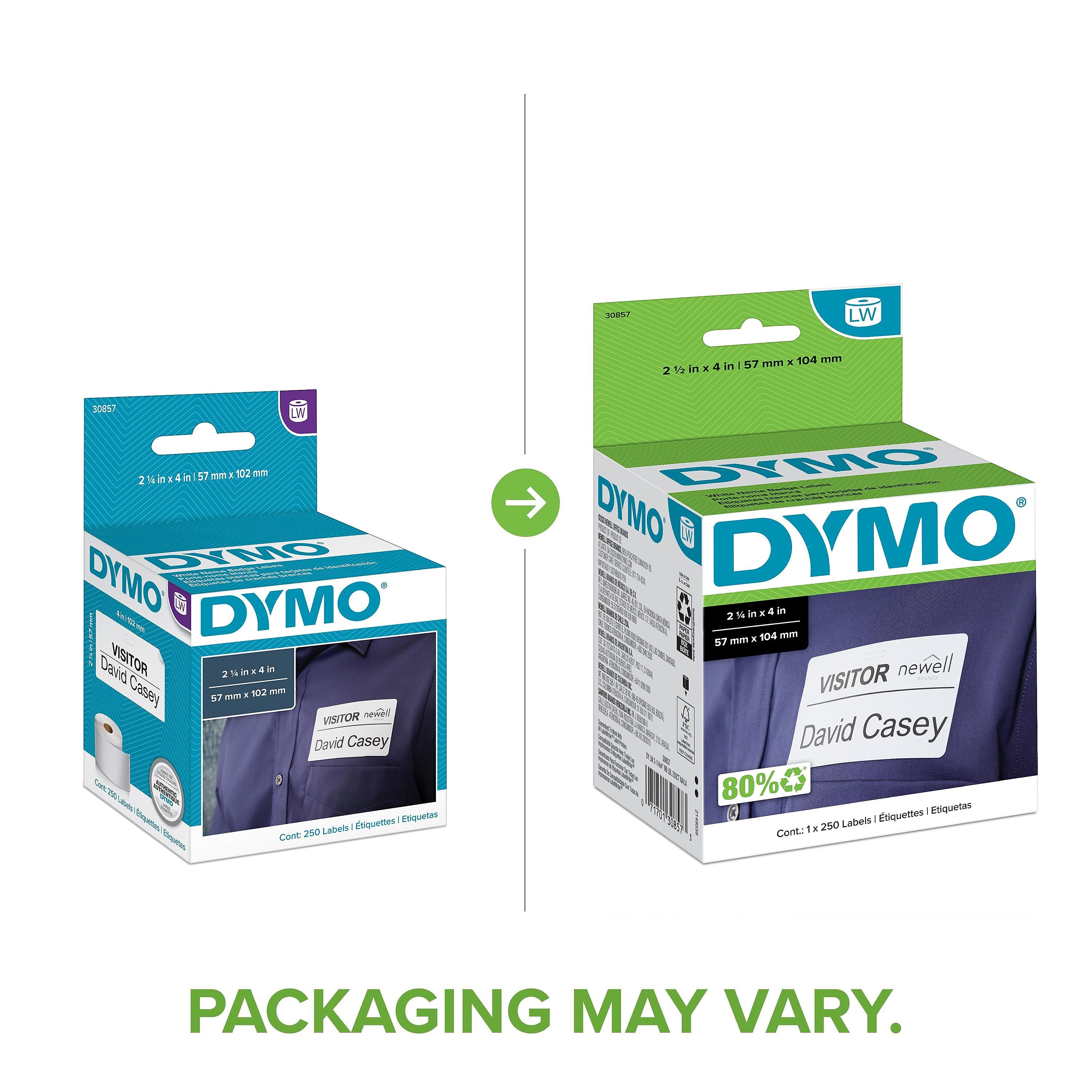 DYMO LabelWriter 30857 Name Badge Labels, 4" x 2-1/4", Black on White, 250 Labels/Roll, 10/Carton