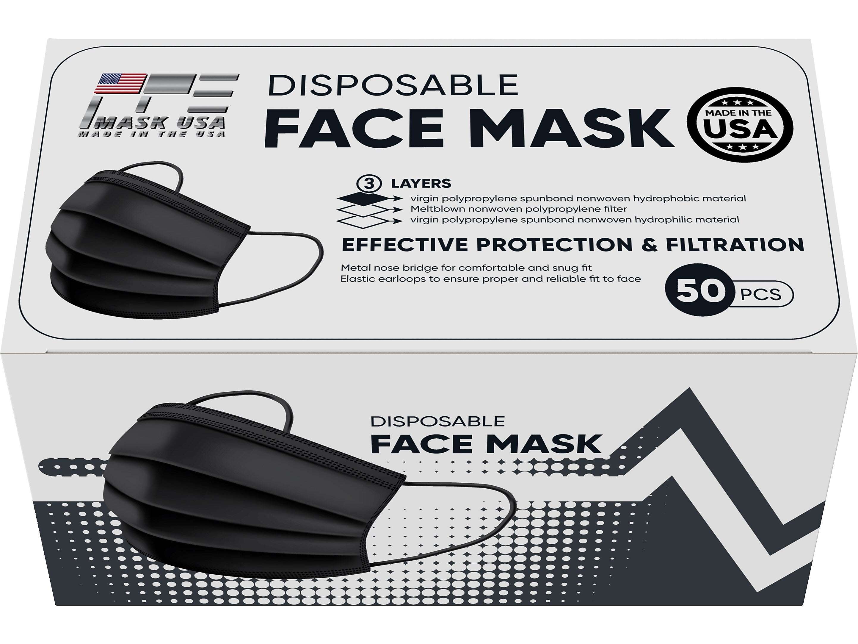 PPE Mask USA Disposable Surgical Cloth Face Mask, One Size, Black, 50/Box, 30 Boxes/Pack (TBN203204)