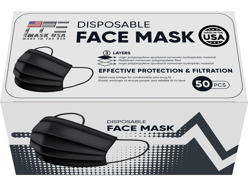 PPE Mask USA Disposable Surgical Cloth Face Mask, One Size, Black, 50/Box, 30 Boxes/Pack (TBN203204)