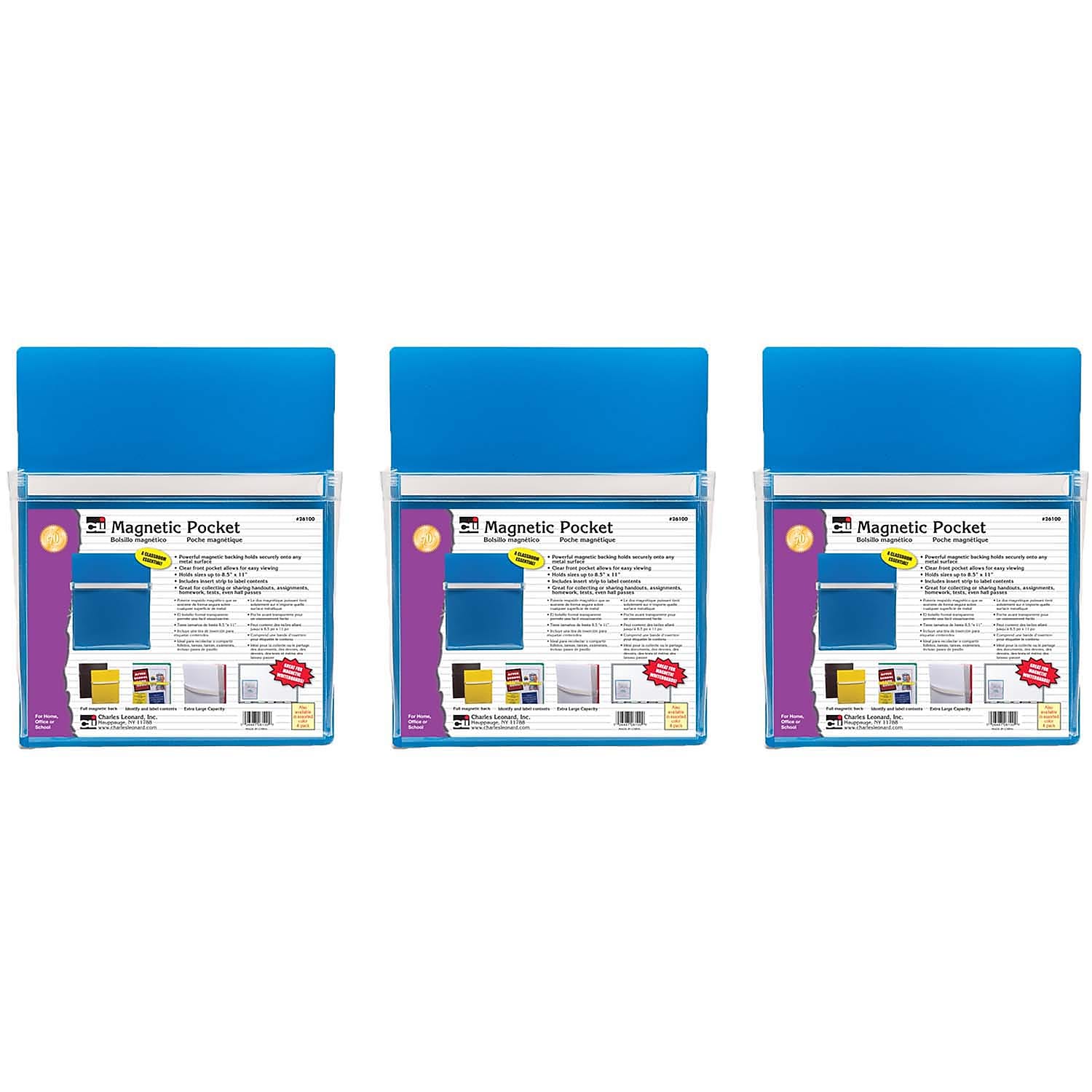 Charles Leonard Magnetic Pocket, 9.5" x 11.75", Blue, Pack of 3 (CHL26100-3)