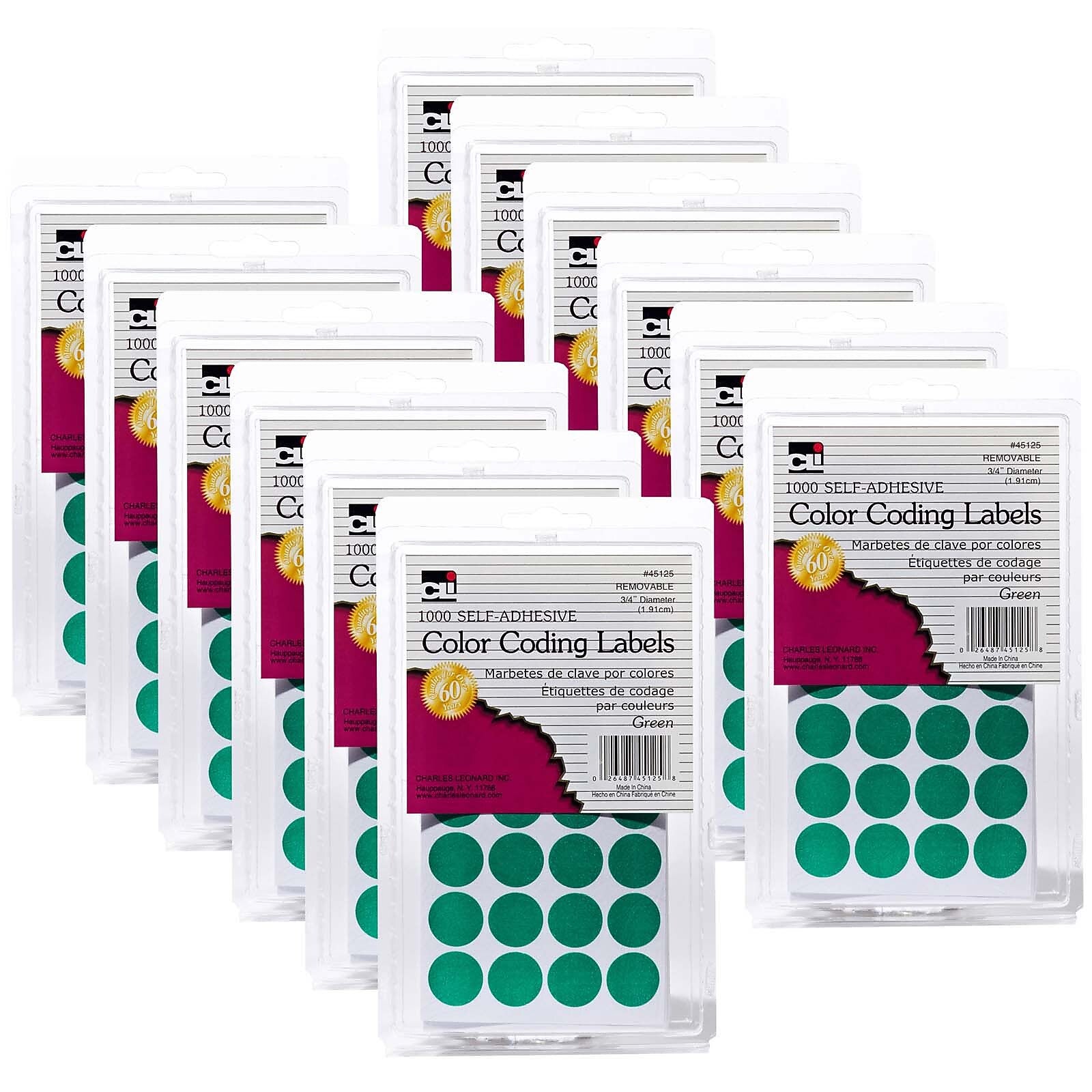 Charles Leonard Color Coding Labels, Green, 1000 Per Pack, 12 Packs (CHL45125-12)