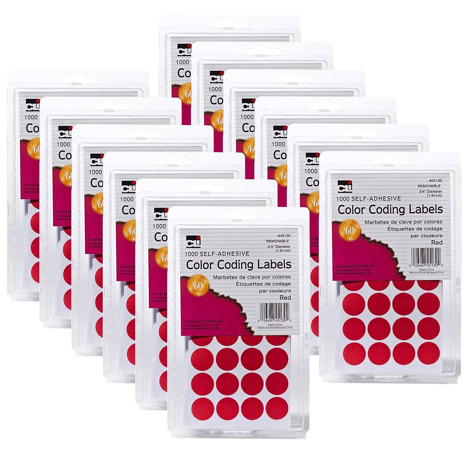 Charles Leonard Color Coding Labels, 3/4", Red, 1000/Pack, 12 Packs (CHL45130-12)