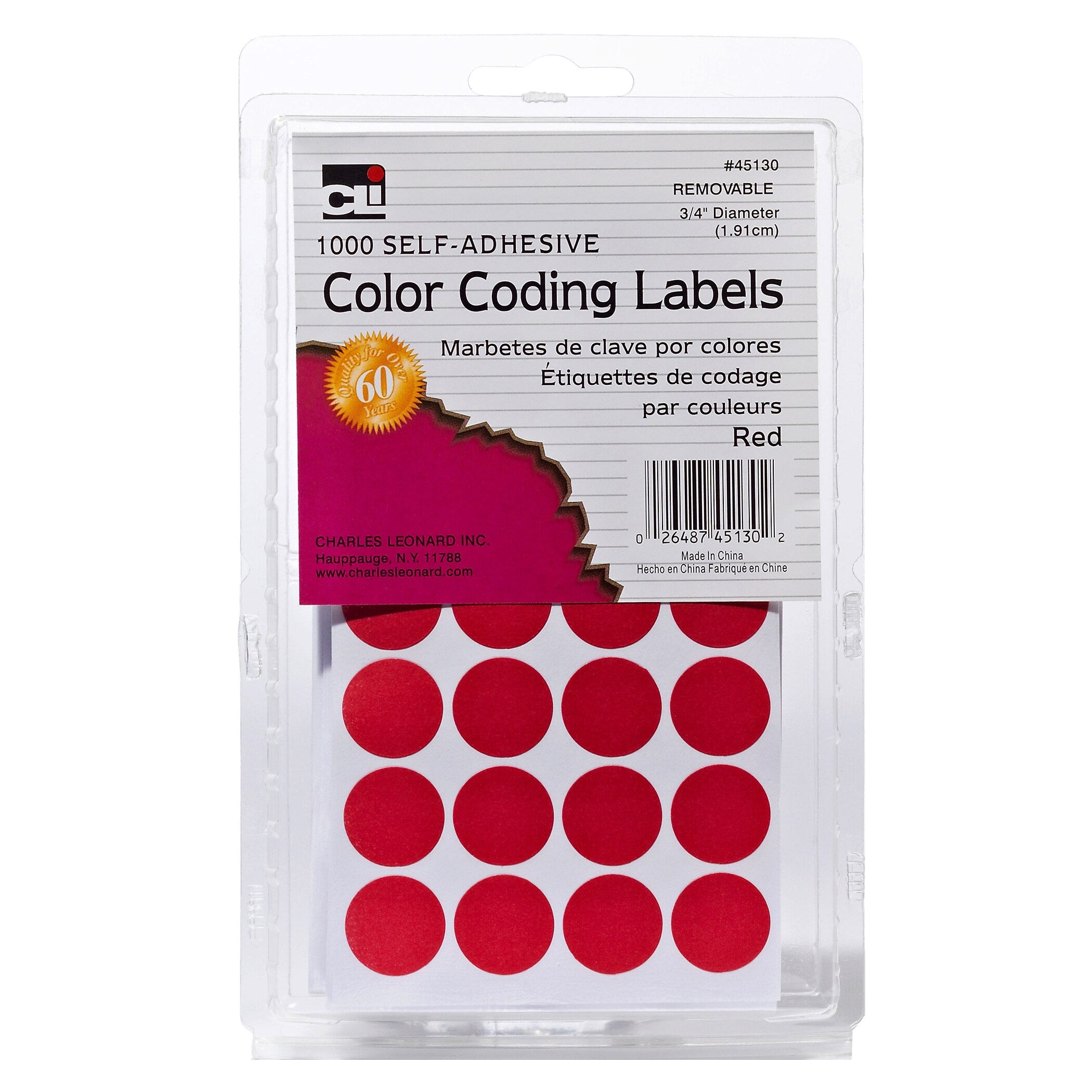 Charles Leonard Color Coding Labels, 3/4", Red, 1000/Pack, 12 Packs (CHL45130-12)