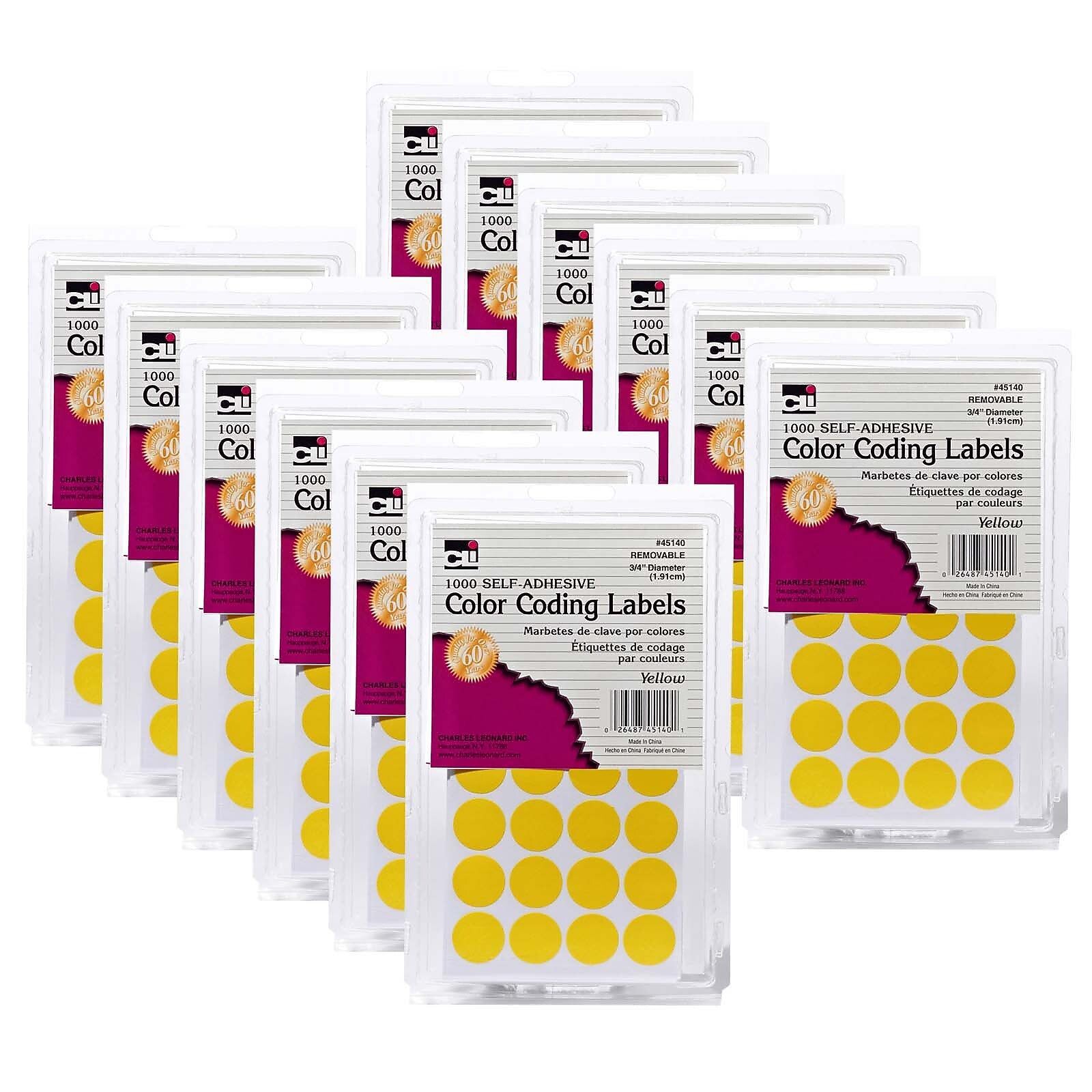 Charles Leonard Color Coding Labels, 3/4", Yellow, 1000 Per Pack, 12 Packs (CHL45140-12)