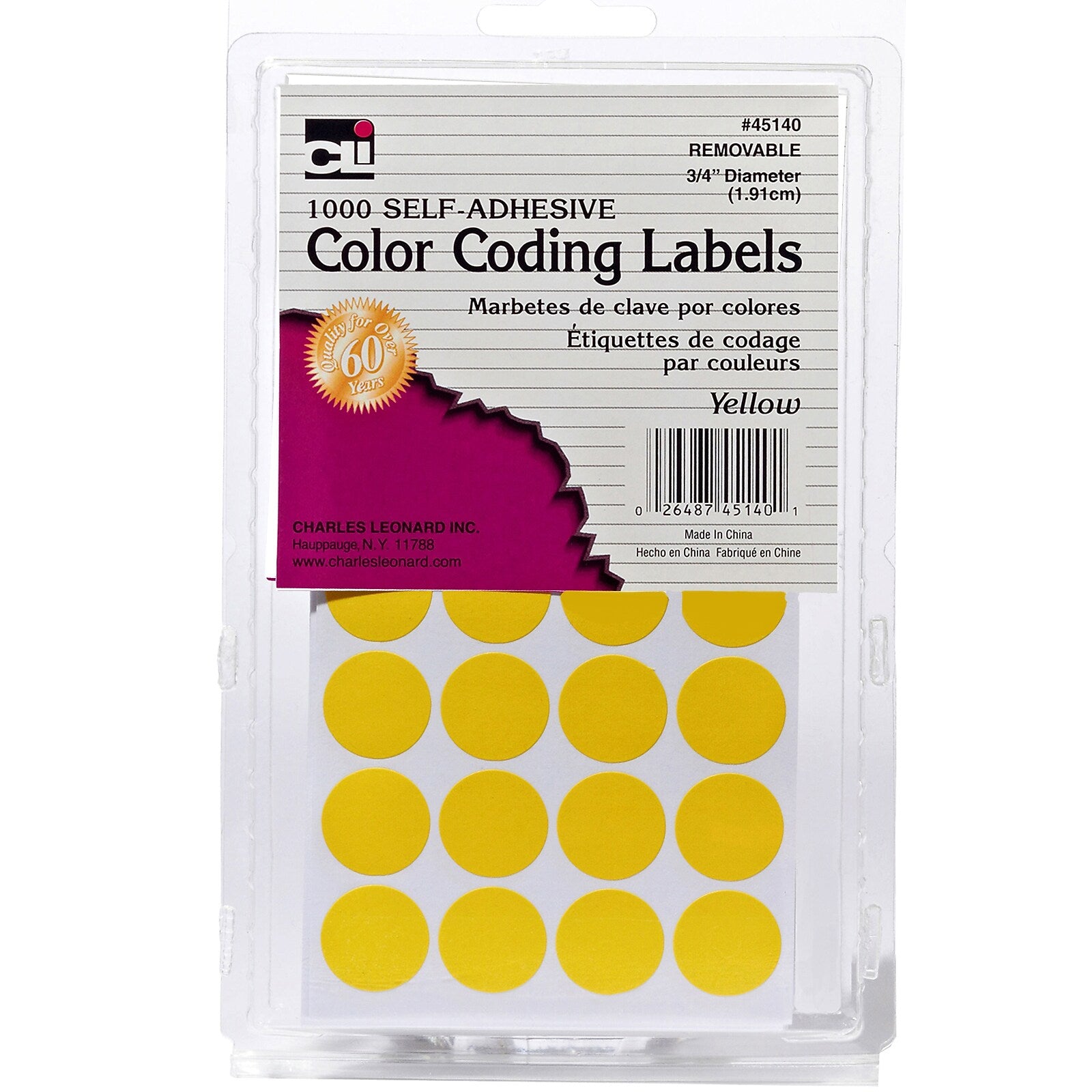 Charles Leonard Color Coding Labels, 3/4", Yellow, 1000 Per Pack, 12 Packs (CHL45140-12)