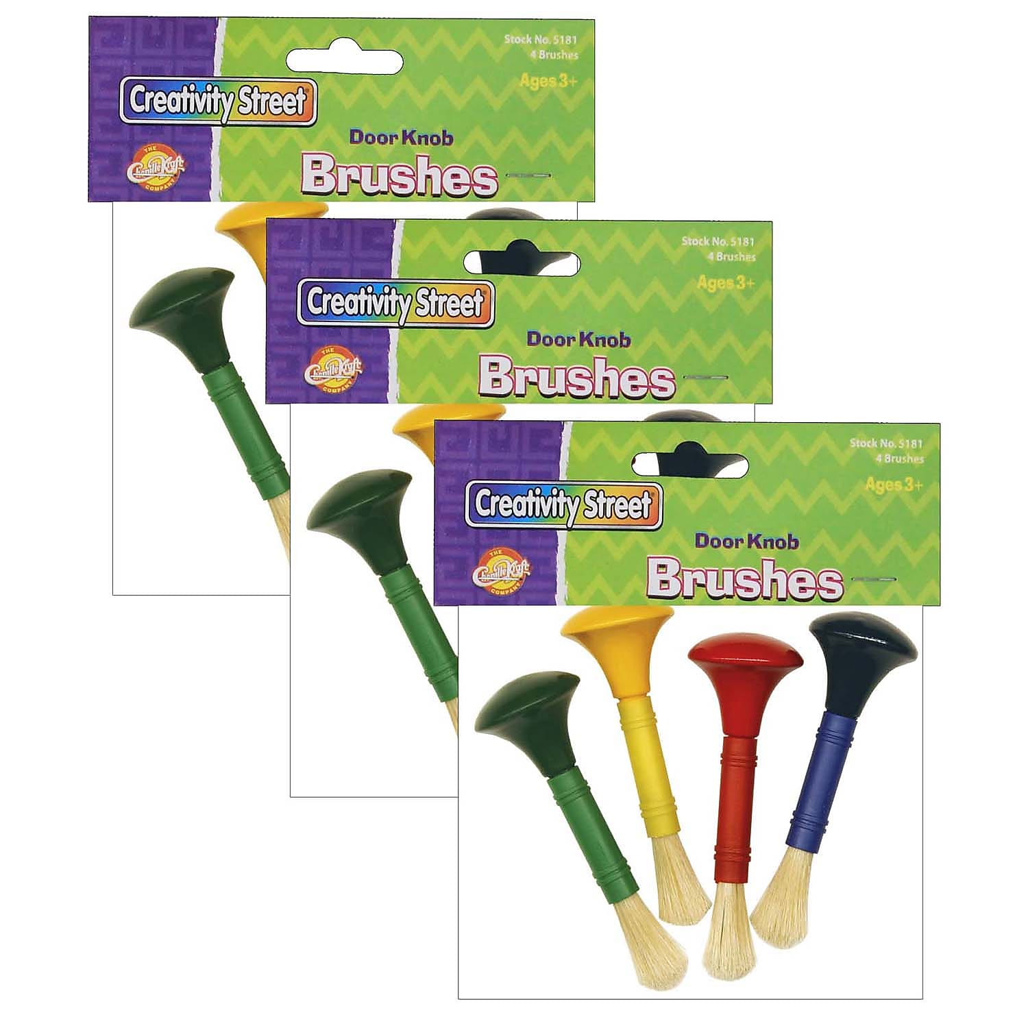 Creativity Street Beginner Paint Brushes, Door Knob Handles, 4 Assorted Colors, 5" Long, 4 Brushes/Pack, 3/Packs (CK-5181-3)