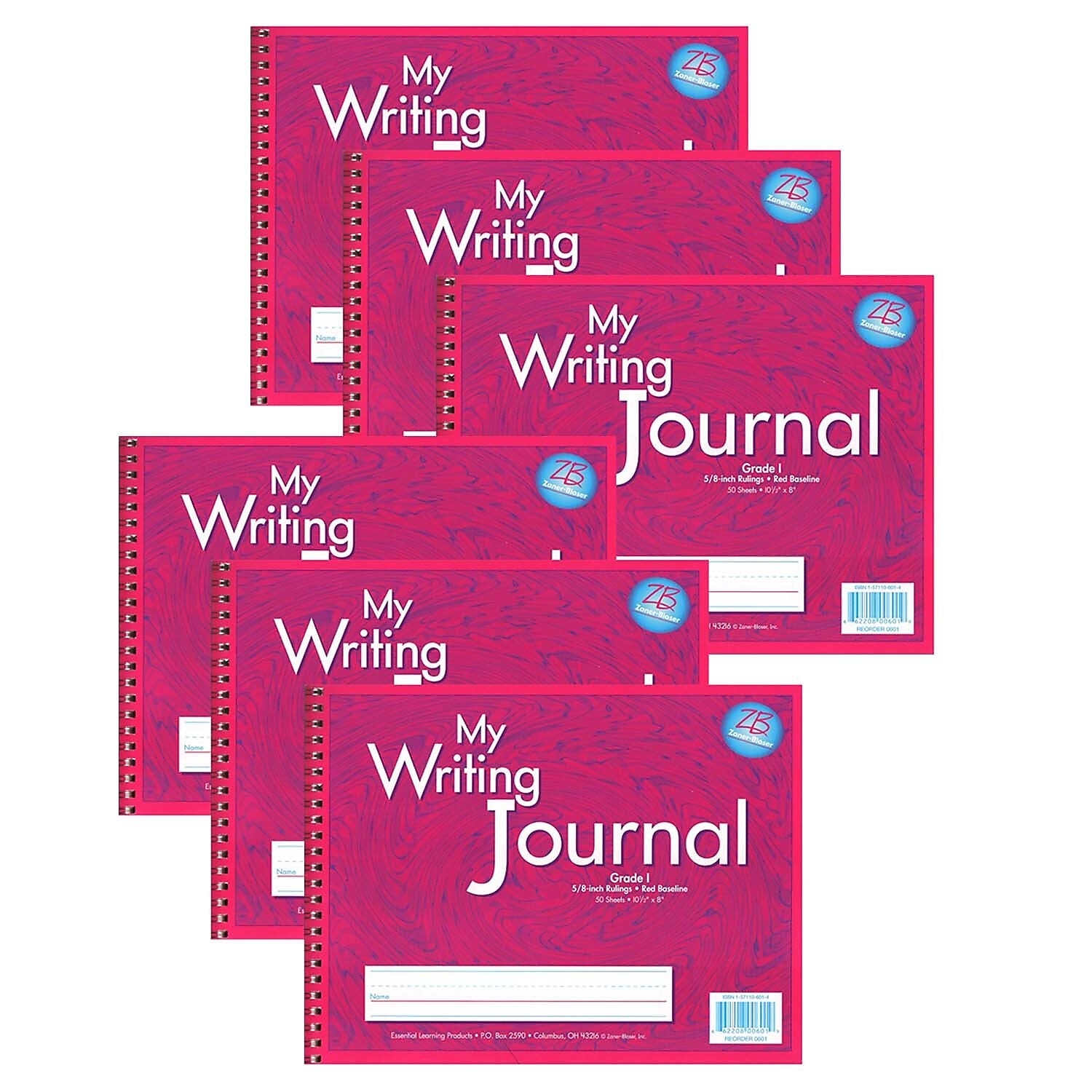 Zaner-Bloser My Writing Journal Composition Notebooks, 8" x 10.5", Primary Ruled, 50 Sheets, Pink, 6/Bundle (ELP0601-6)