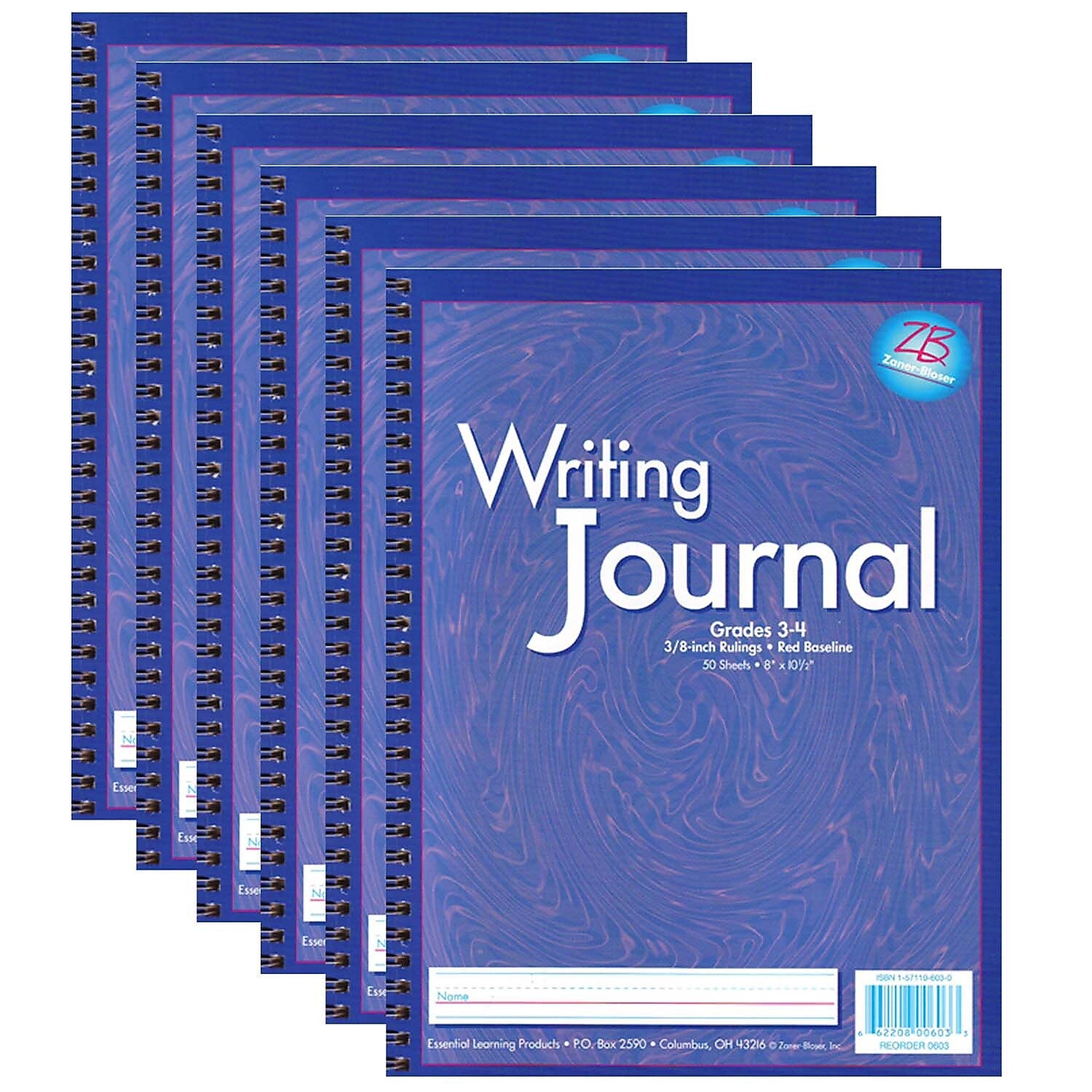Zaner-Bloser Writing Journal Composition Notebooks, 8" x 10.5", Wide Ruled, 50 Sheets, Purple, 6/Bundle (ELP0603-6)
