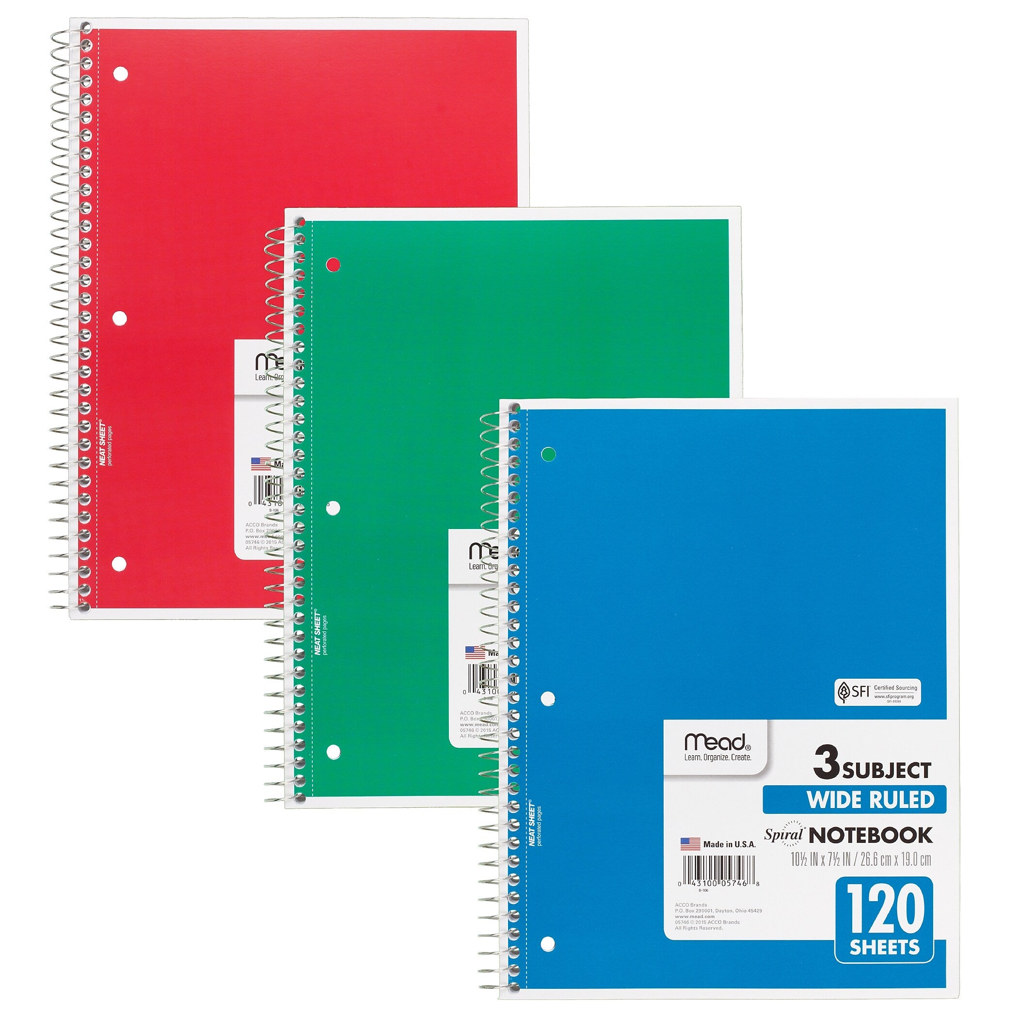 Mead 3-Subject Notebooks, Wide Ruled, 120 Sheets, Assorted Colors, 6/Bundle (MEA05746-6)