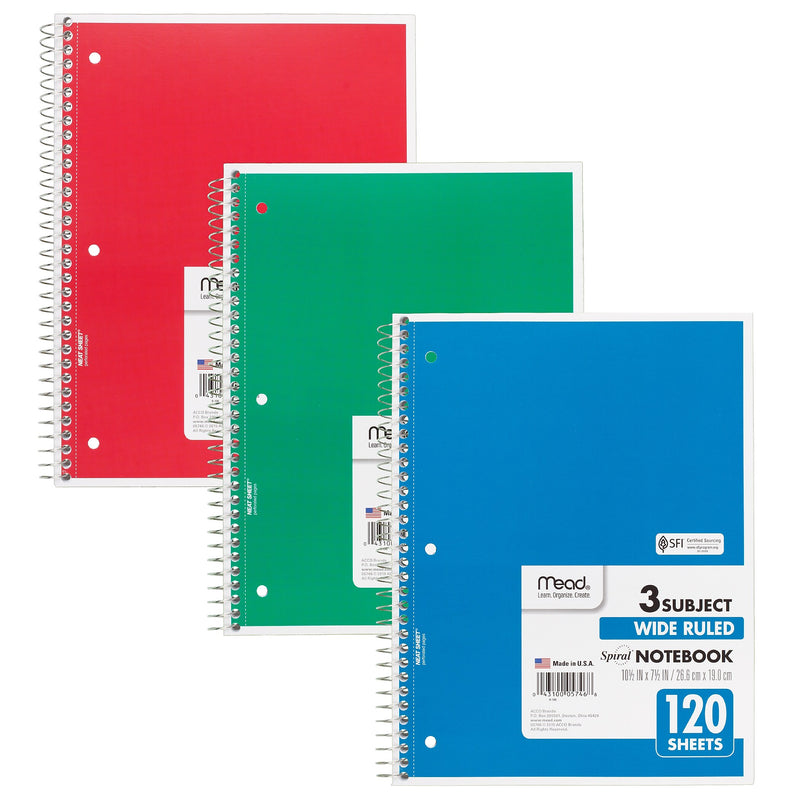 Mead 3-Subject Notebooks, Wide Ruled, 120 Sheets, Assorted Colors, 6/Bundle (MEA05746-6)