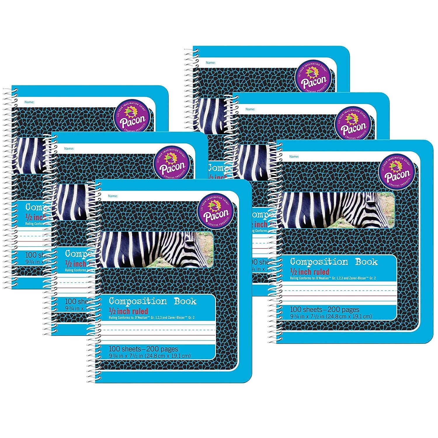 Pacon Composition Notebooks, 9.75" x 7.5", Wide Ruled, 100 Sheets, Blue, 6/Bundle (PAC2429-6)