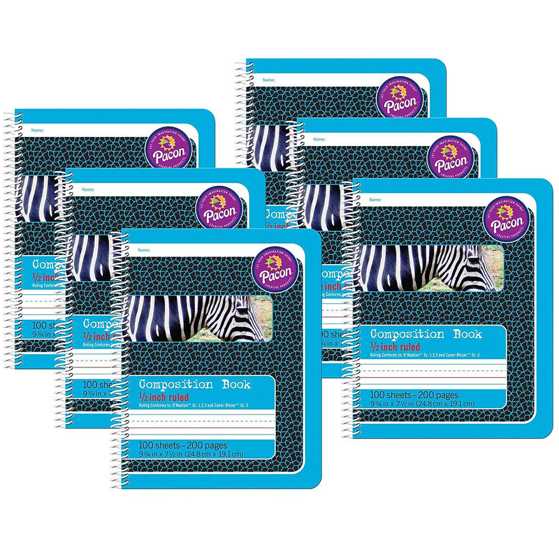 Pacon Composition Notebooks, 9.75" x 7.5", Wide Ruled, 100 Sheets, Blue, 6/Bundle (PAC2429-6)
