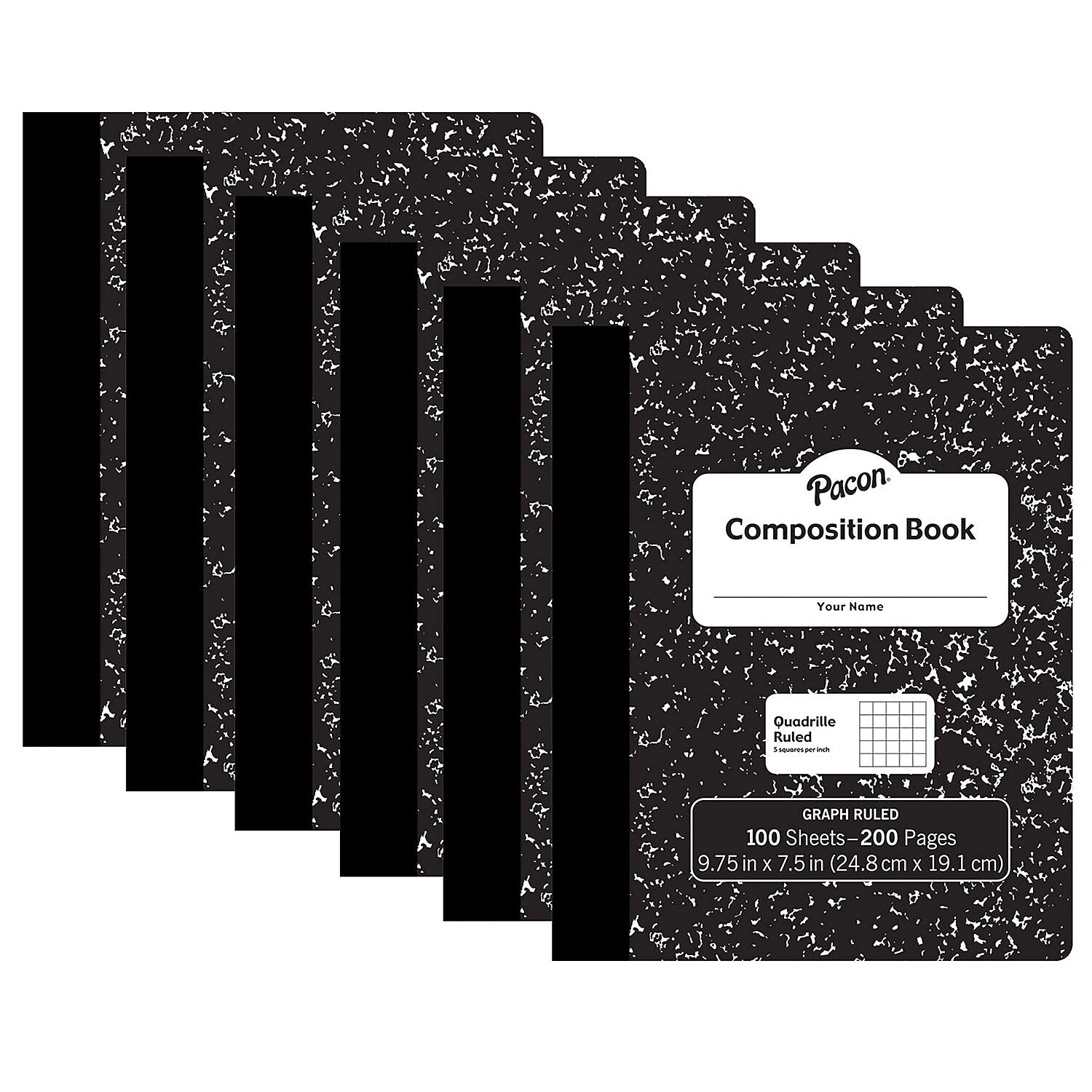Pacon Composition Notebooks, 9.75" x 7.5", Quad Ruled, 100 Sheets, Black, 6/Bundle (PACMMK37103-6)
