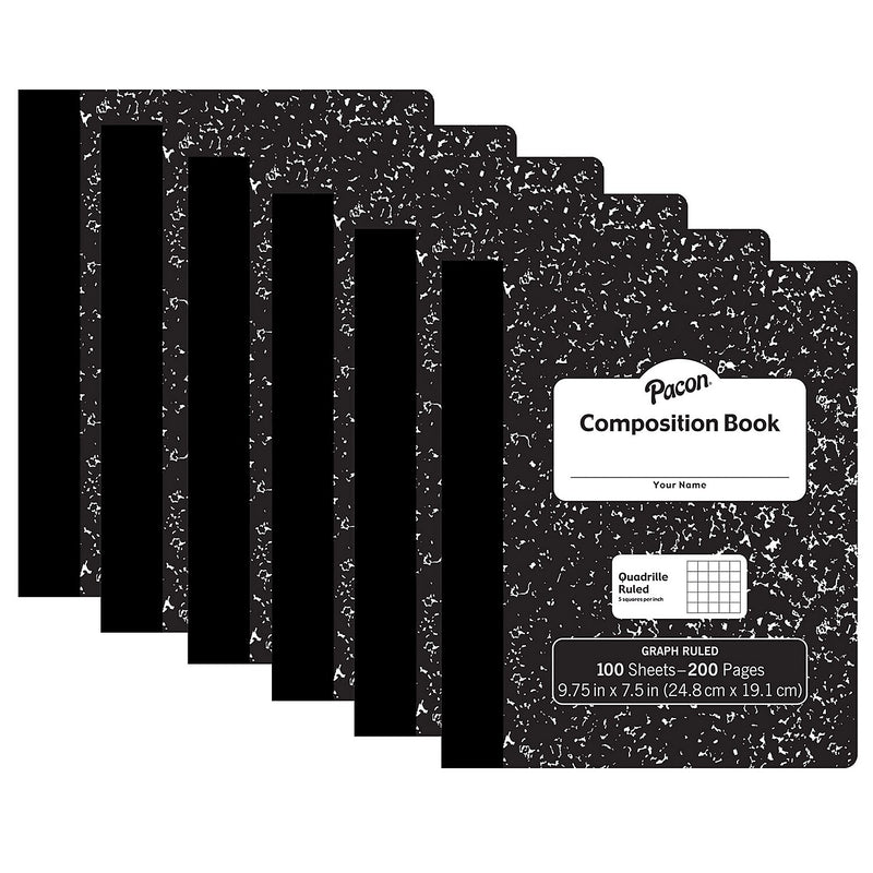 Pacon Composition Notebooks, 9.75" x 7.5", Quad Ruled, 100 Sheets, Black, 6/Bundle (PACMMK37103-6)