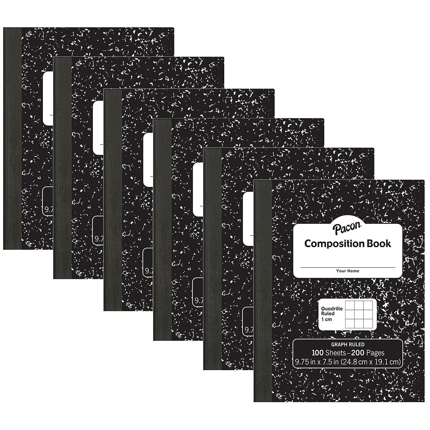 Pacon Composition Notebooks, 9.75" x 7.5", Quad Ruled, 100 Sheets, Black, 6/Bundle (PACMMK37105-6)