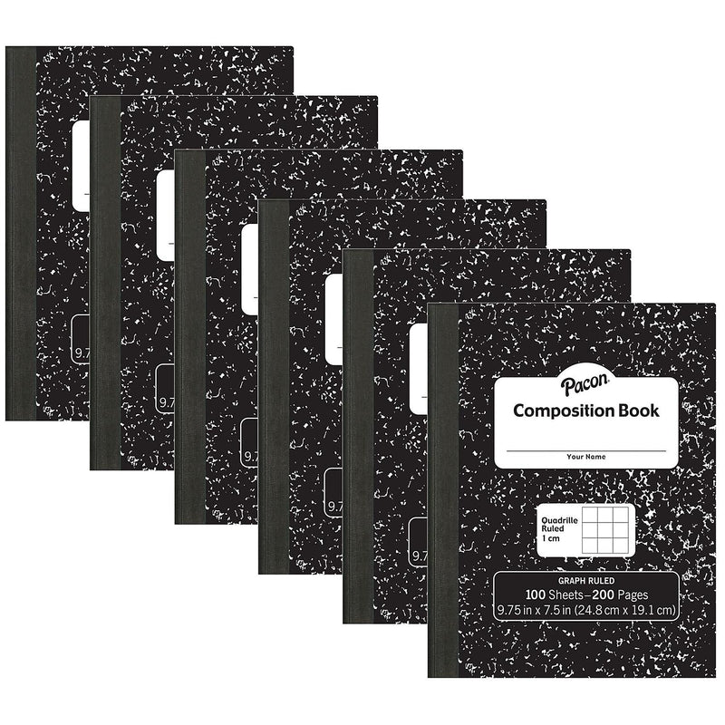 Pacon Composition Notebooks, 9.75" x 7.5", Quad Ruled, 100 Sheets, Black, 6/Bundle (PACMMK37105-6)