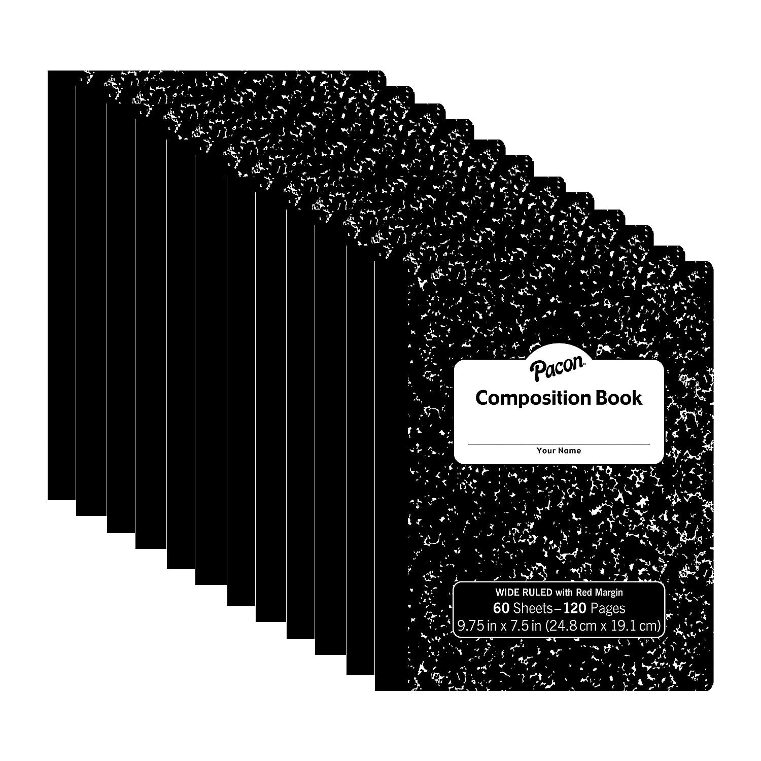 Pacon Composition Notebooks, 9.75" x 7.5", Wide Ruled, 60 Sheets, Black, 12/Bundle (PACMMK37118-12)